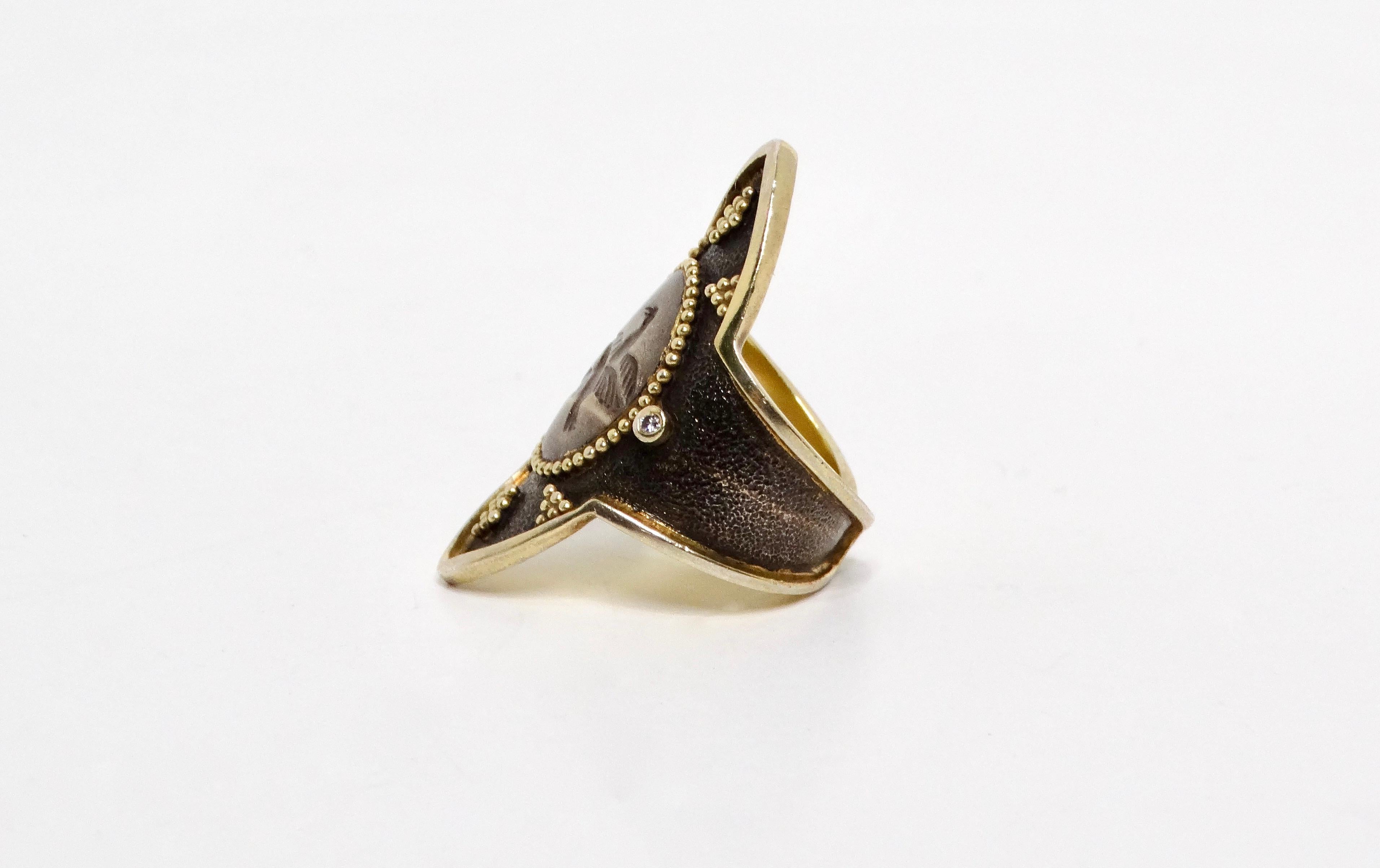 Sterling Silver Dancing Swans Shield Ring With Gold Plated & Diamond Accents In Good Condition In Scottsdale, AZ