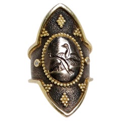 Sterling Silver Dancing Swans Shield Ring With Gold Plated & Diamond Accents