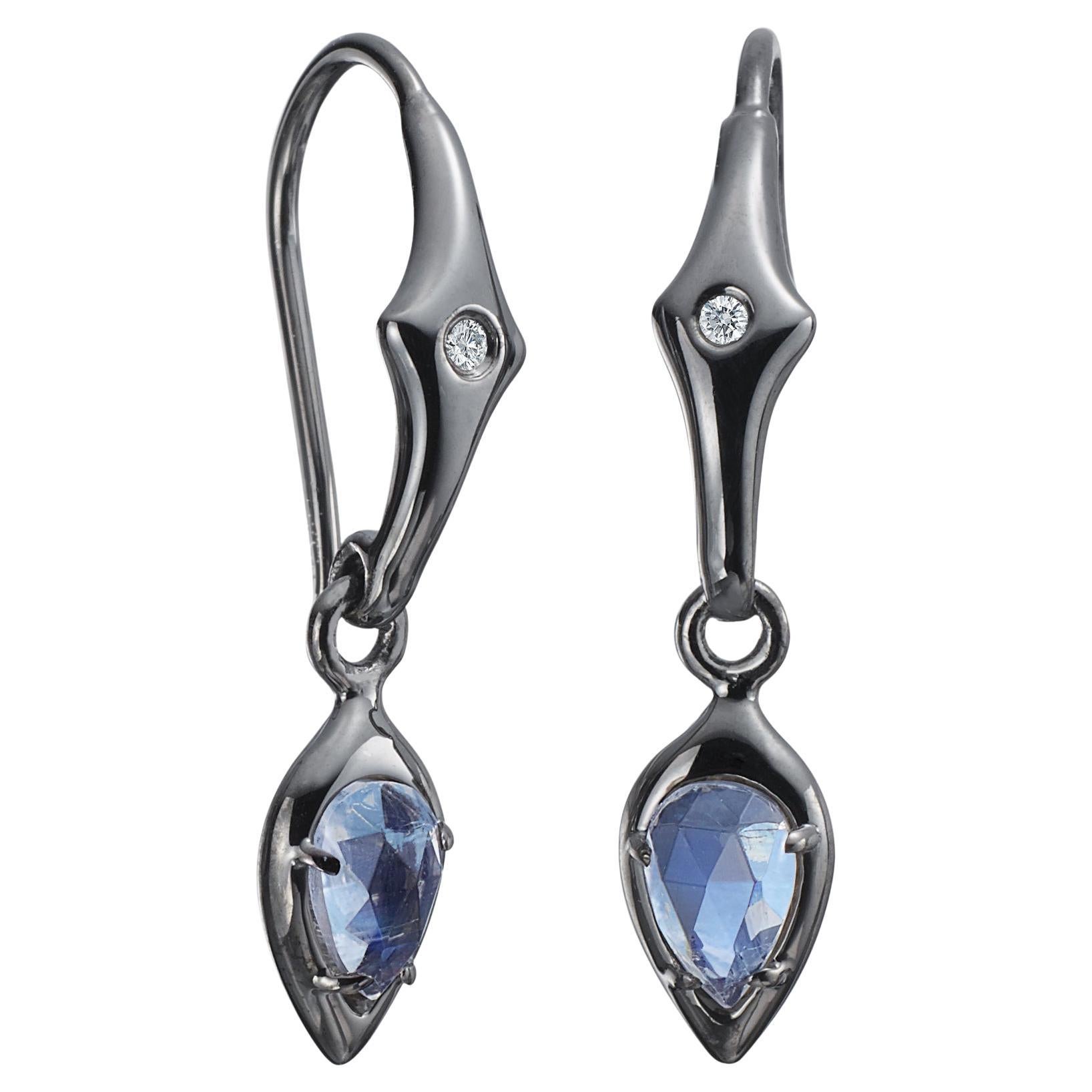 Sterling Silver Dangle Earrings W/ Pear Shaped Blue Moonstone and Diamond Accent