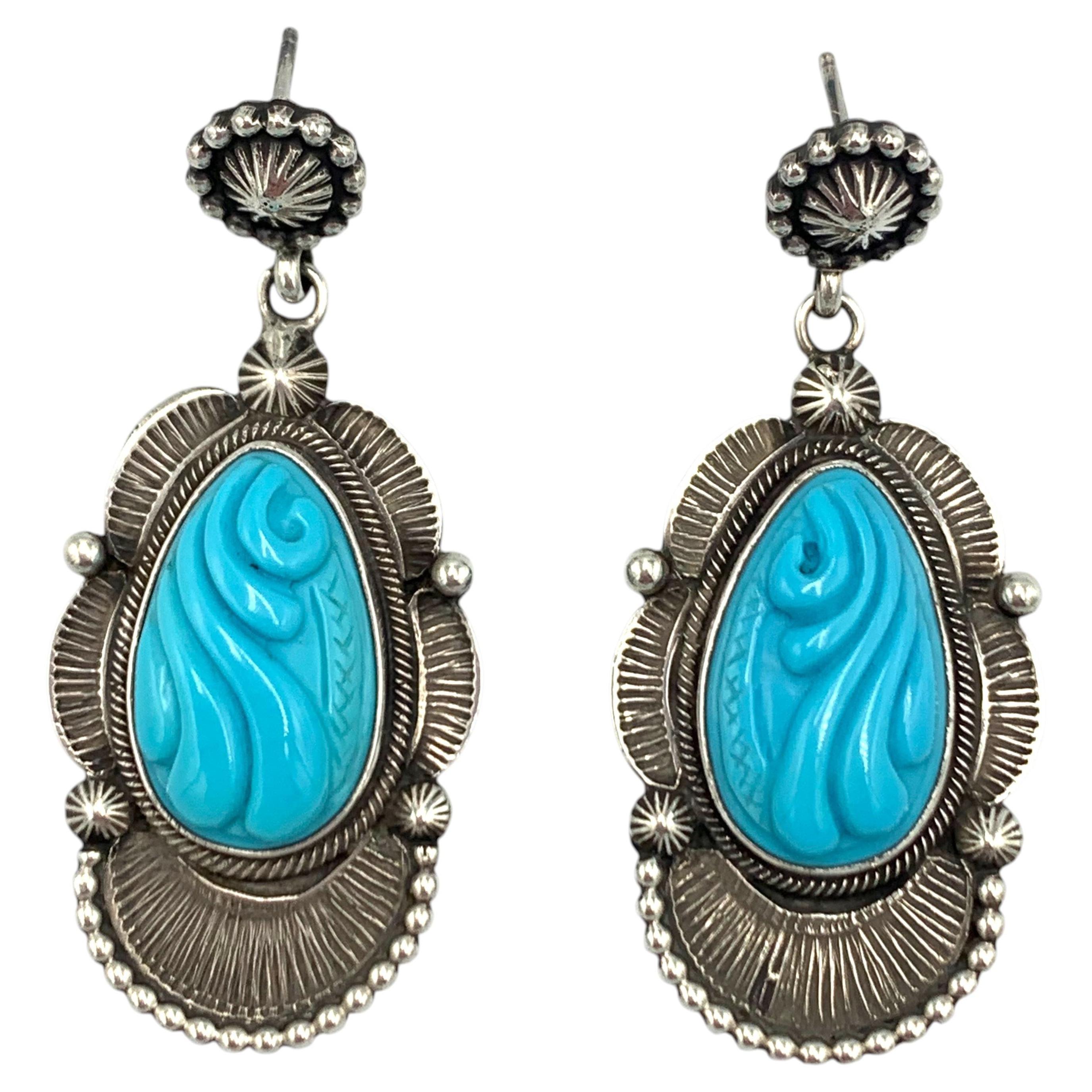 Sterling Silver Dangle Earrings with Carved Turquoise Cabochons by Rick Martinez