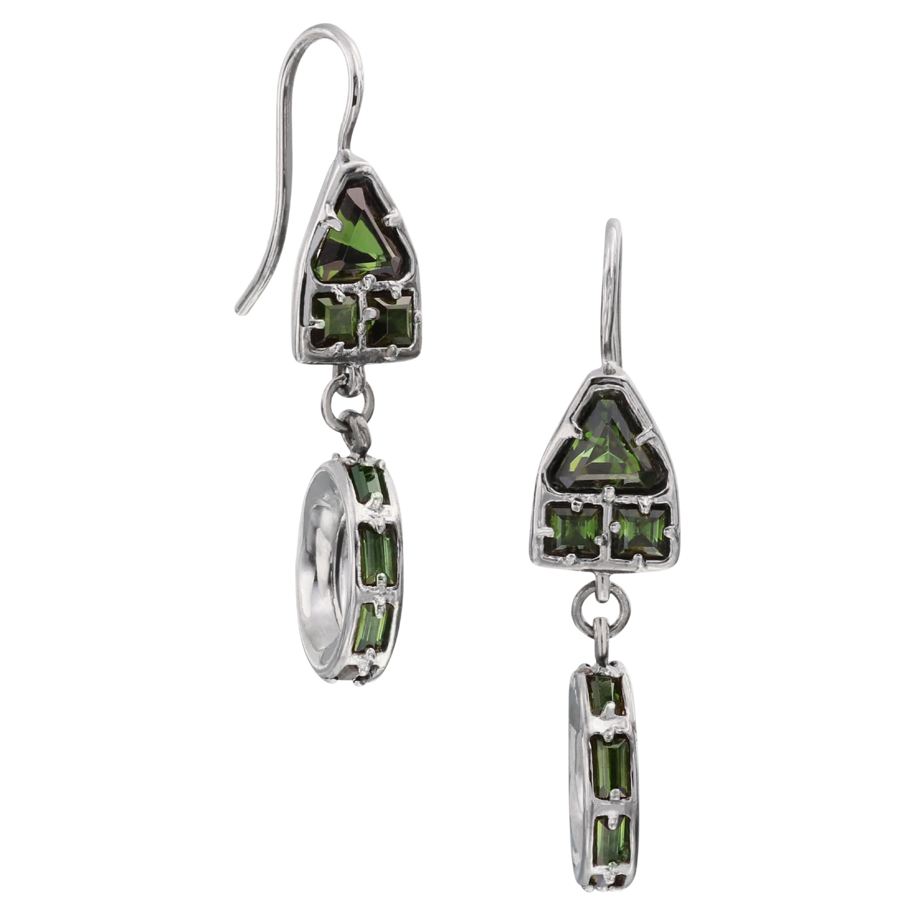 Sterling Silver Dangle Earrings with Fancy Shaped Green Tourmaline For Sale