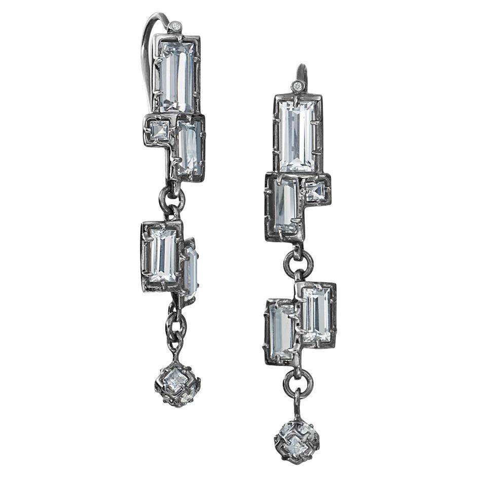 Sterling Silver Dangle Earrings with Fancy Shaped White Topaz and Diamond Accent