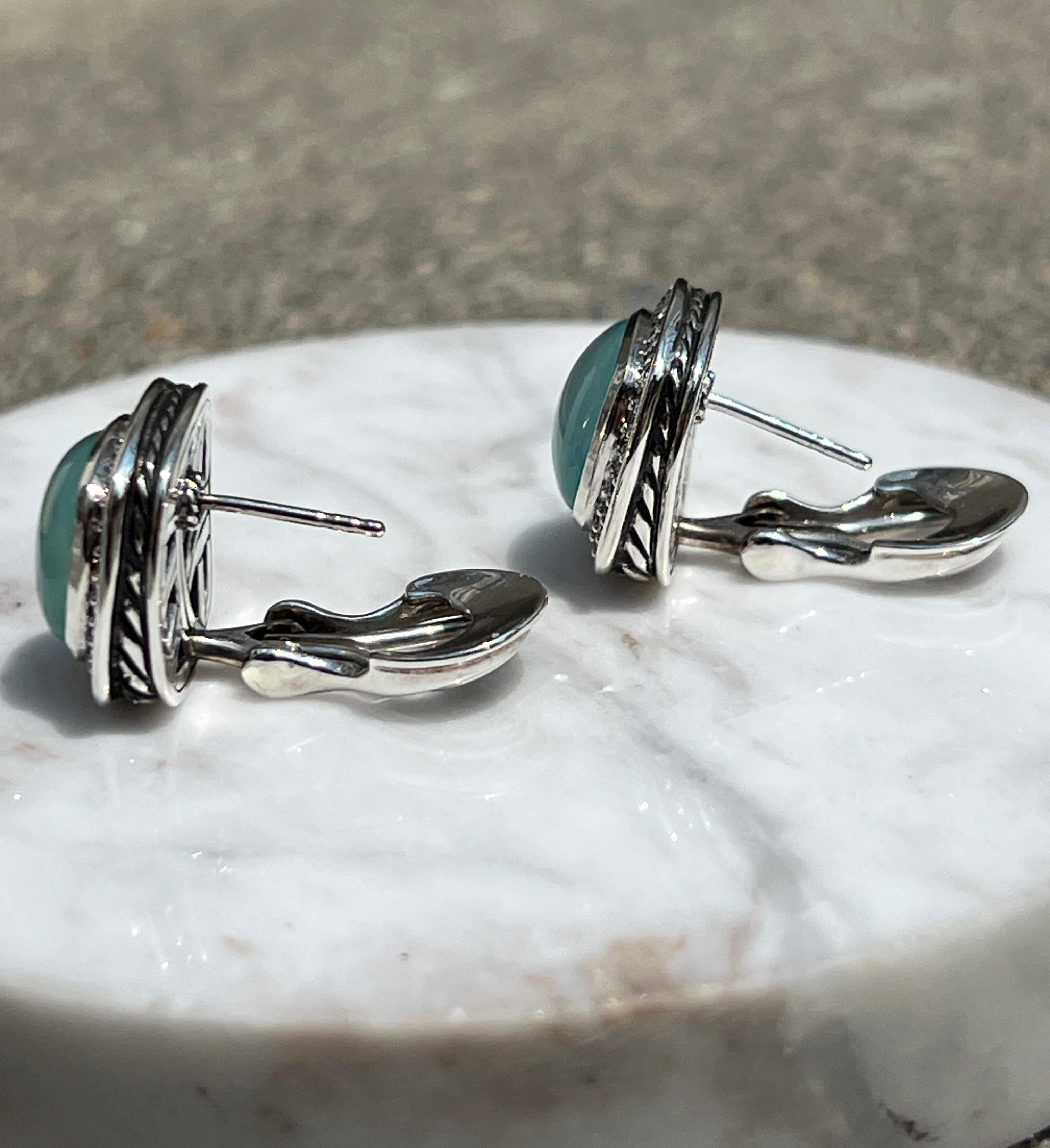 Sterling Silver David Yurman Blue Chrysocolla-in-Chalcedony and Diamond Earrings 4