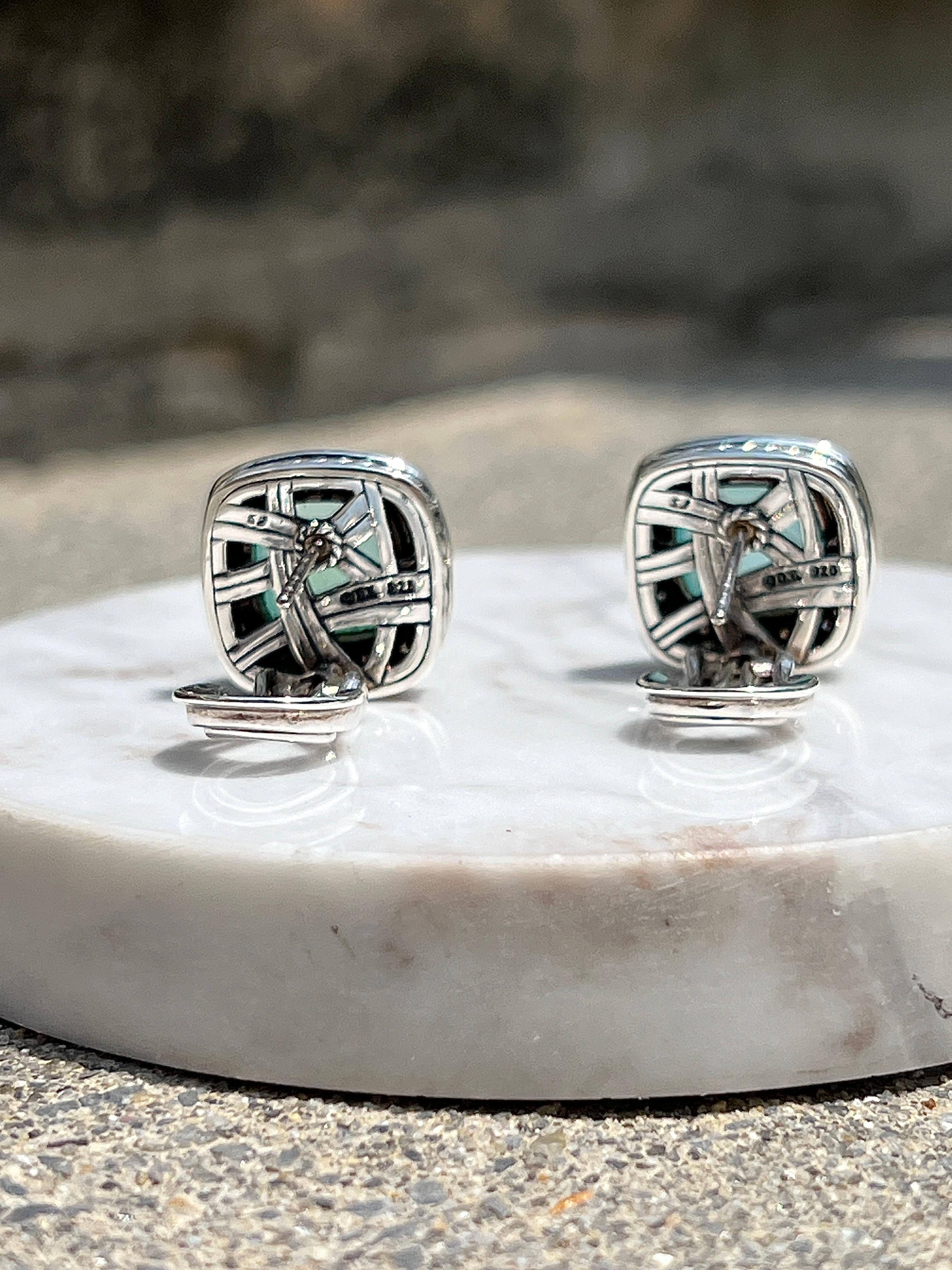 Sterling Silver David Yurman Blue Chrysocolla-in-Chalcedony and Diamond Earrings 5