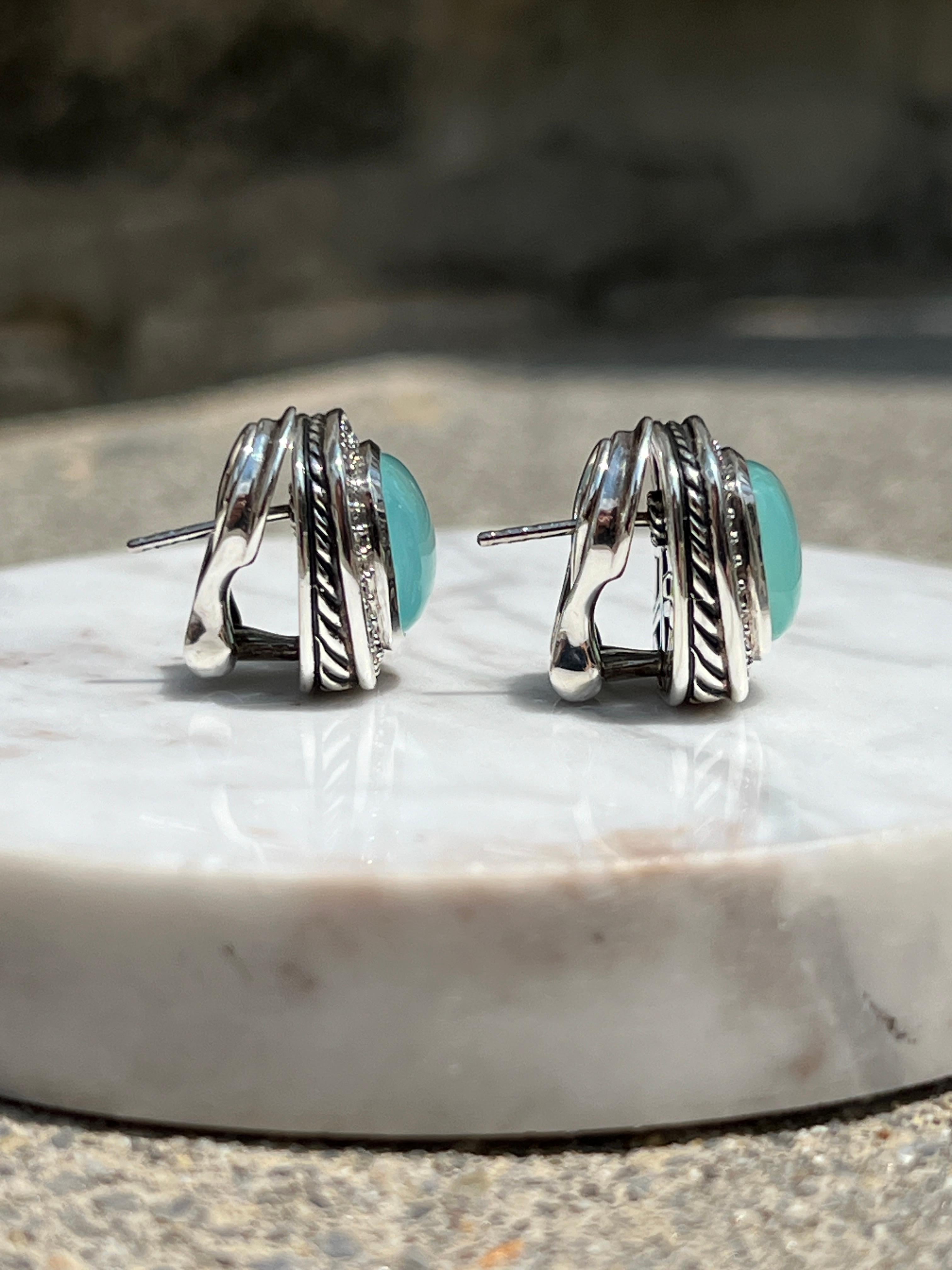 Sterling Silver David Yurman Blue Chrysocolla-in-Chalcedony and Diamond Earrings 6
