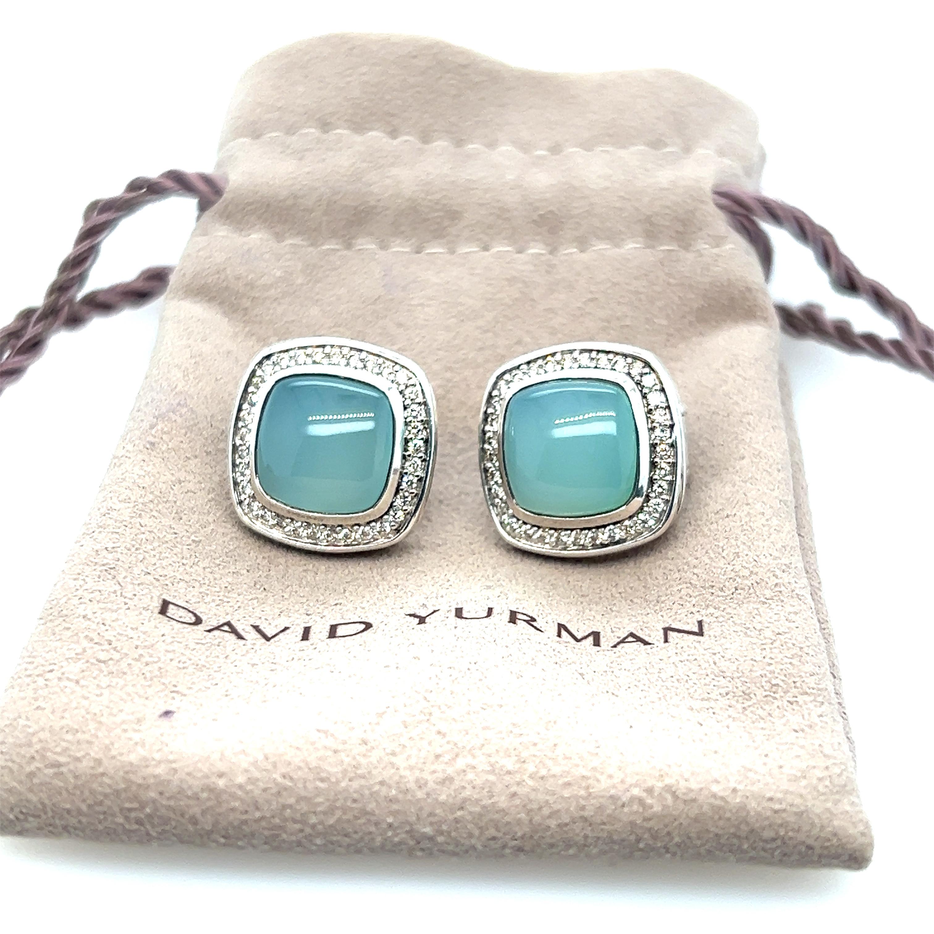 One pair of sterling silver David Yurman earrings set with two 11.2x11.2mm cushion cut chrysocolla-in-chalcedony approximately 10.64 total carat weight and sixty-six 1.2mm round brilliant diamonds with H color and VS2 clarity and approximately 0.53