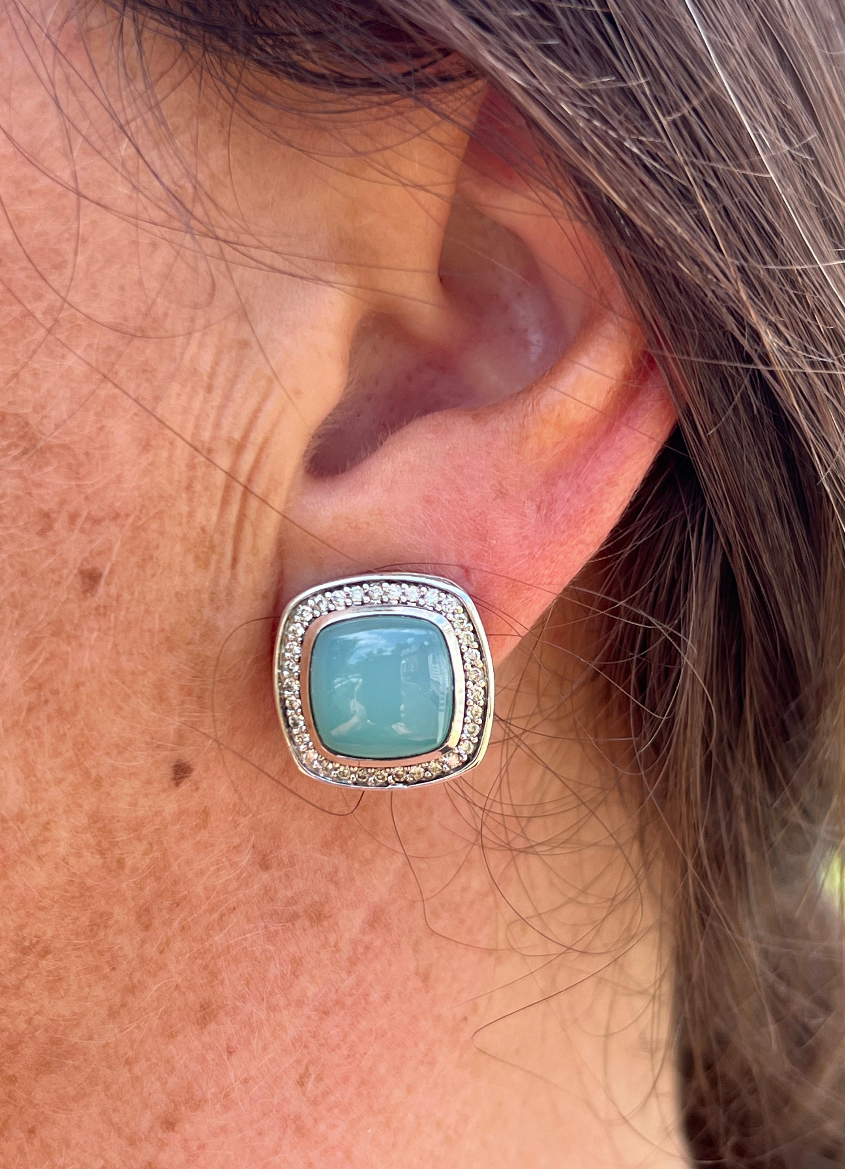 Contemporary Sterling Silver David Yurman Blue Chrysocolla-in-Chalcedony and Diamond Earrings