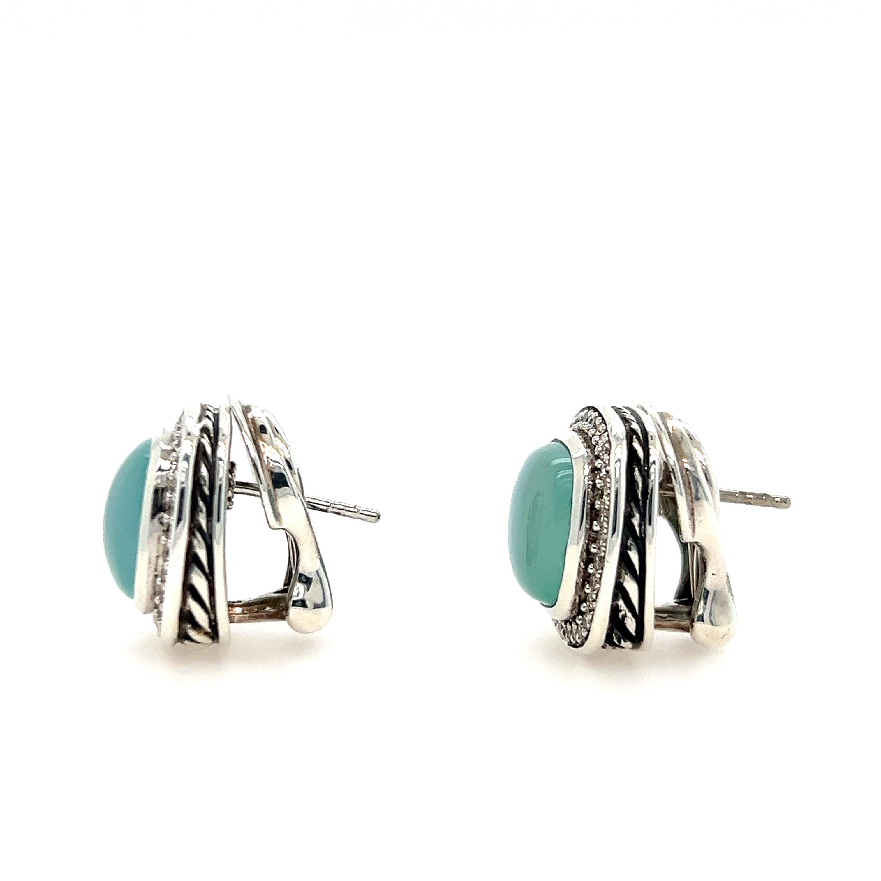 Cabochon Sterling Silver David Yurman Blue Chrysocolla-in-Chalcedony and Diamond Earrings