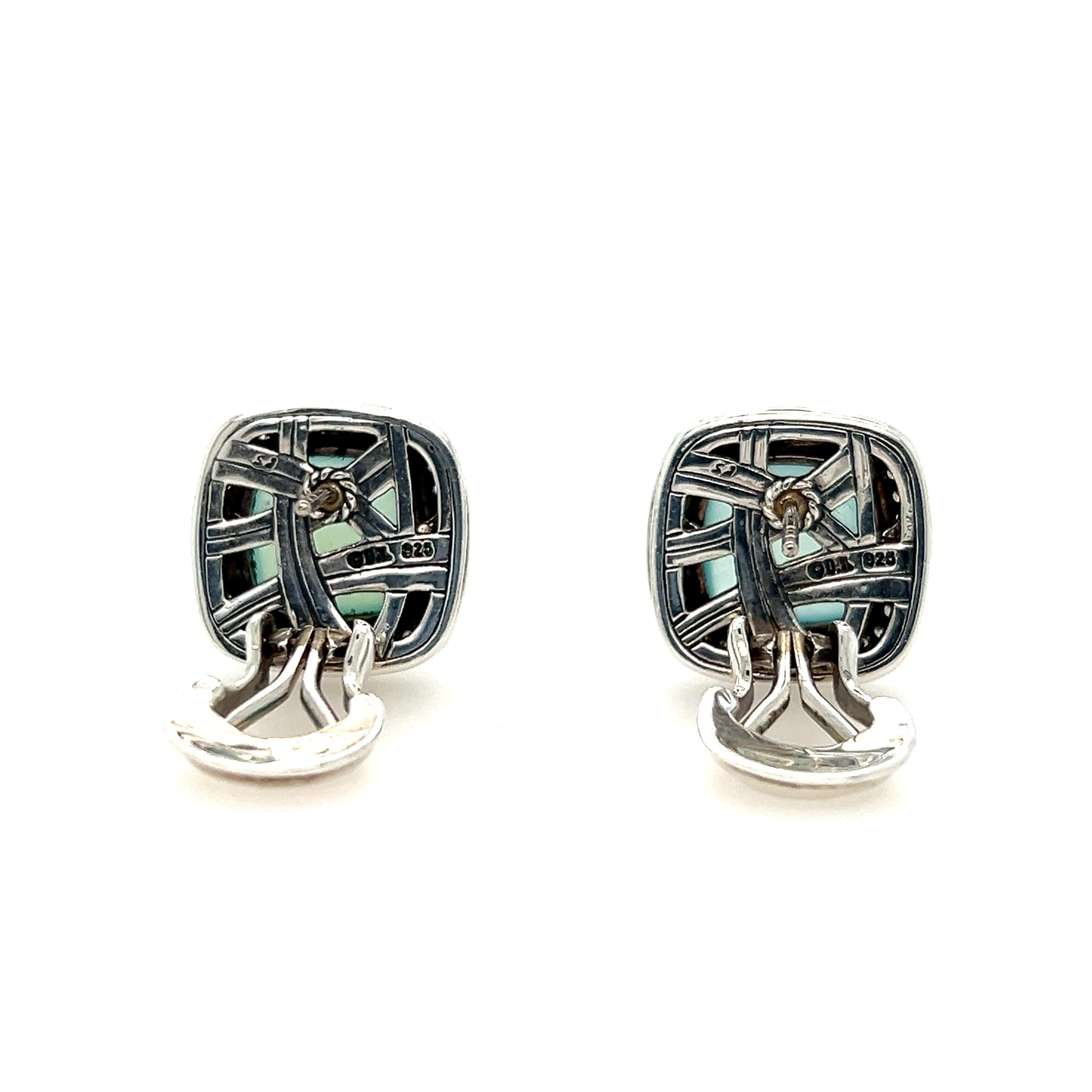 Sterling Silver David Yurman Blue Chrysocolla-in-Chalcedony and Diamond Earrings In Good Condition In Towson, MD