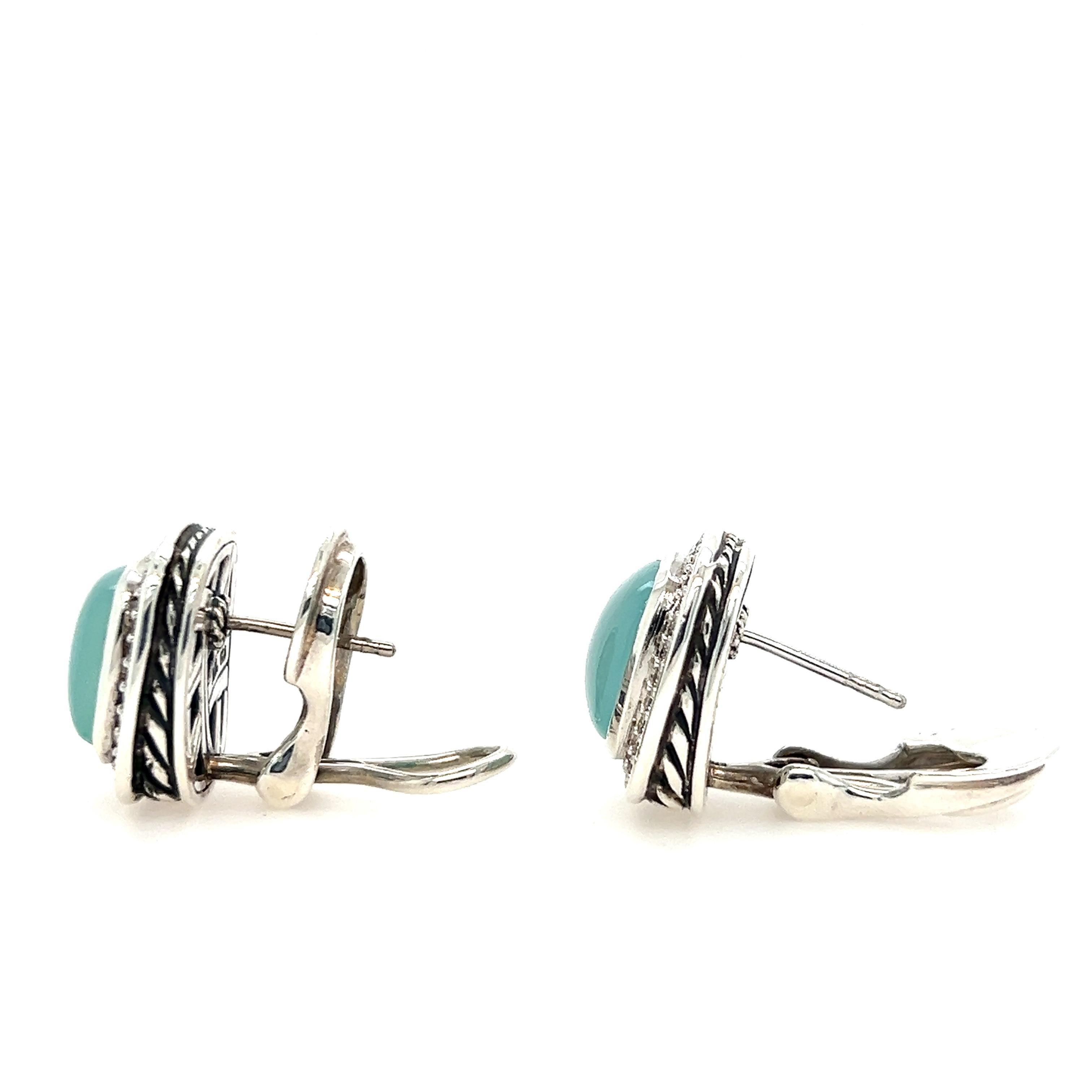 Sterling Silver David Yurman Blue Chrysocolla-in-Chalcedony and Diamond Earrings 1