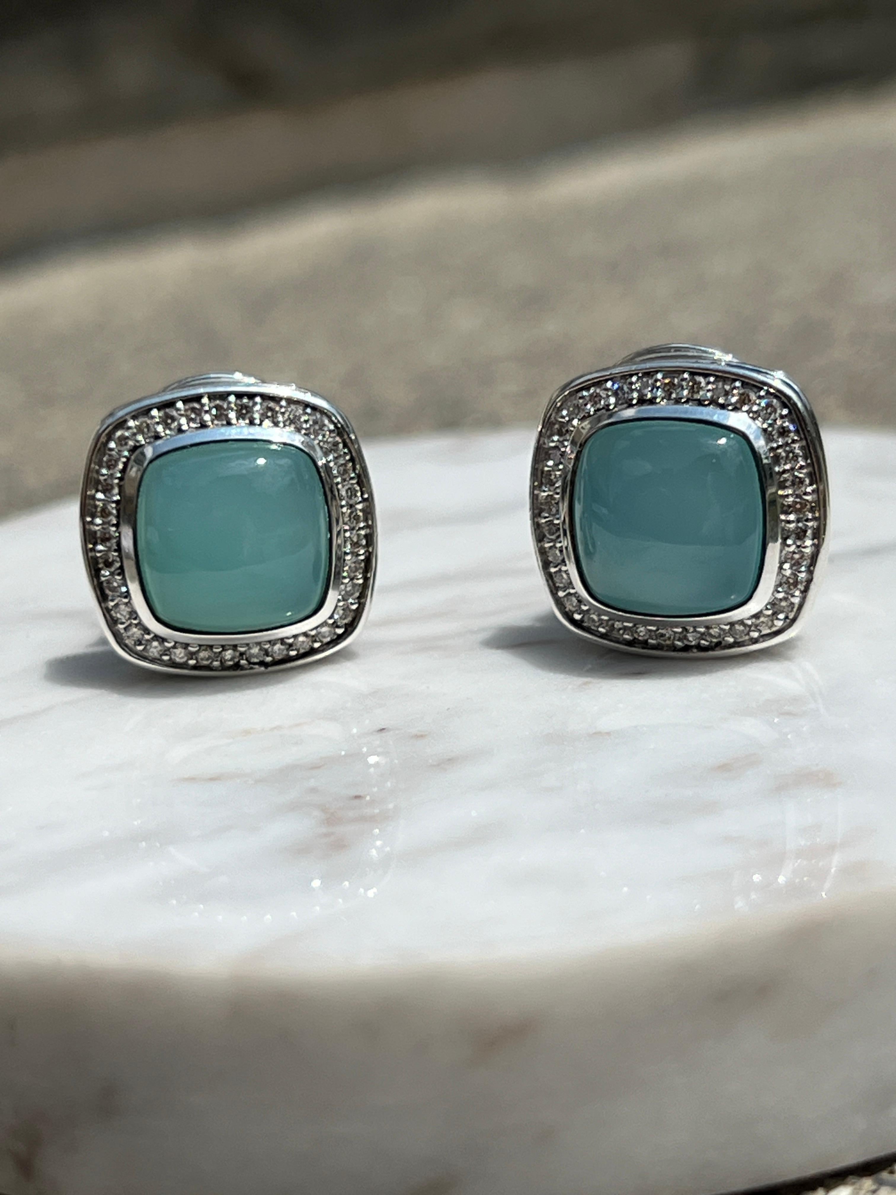Sterling Silver David Yurman Blue Chrysocolla-in-Chalcedony and Diamond Earrings 2