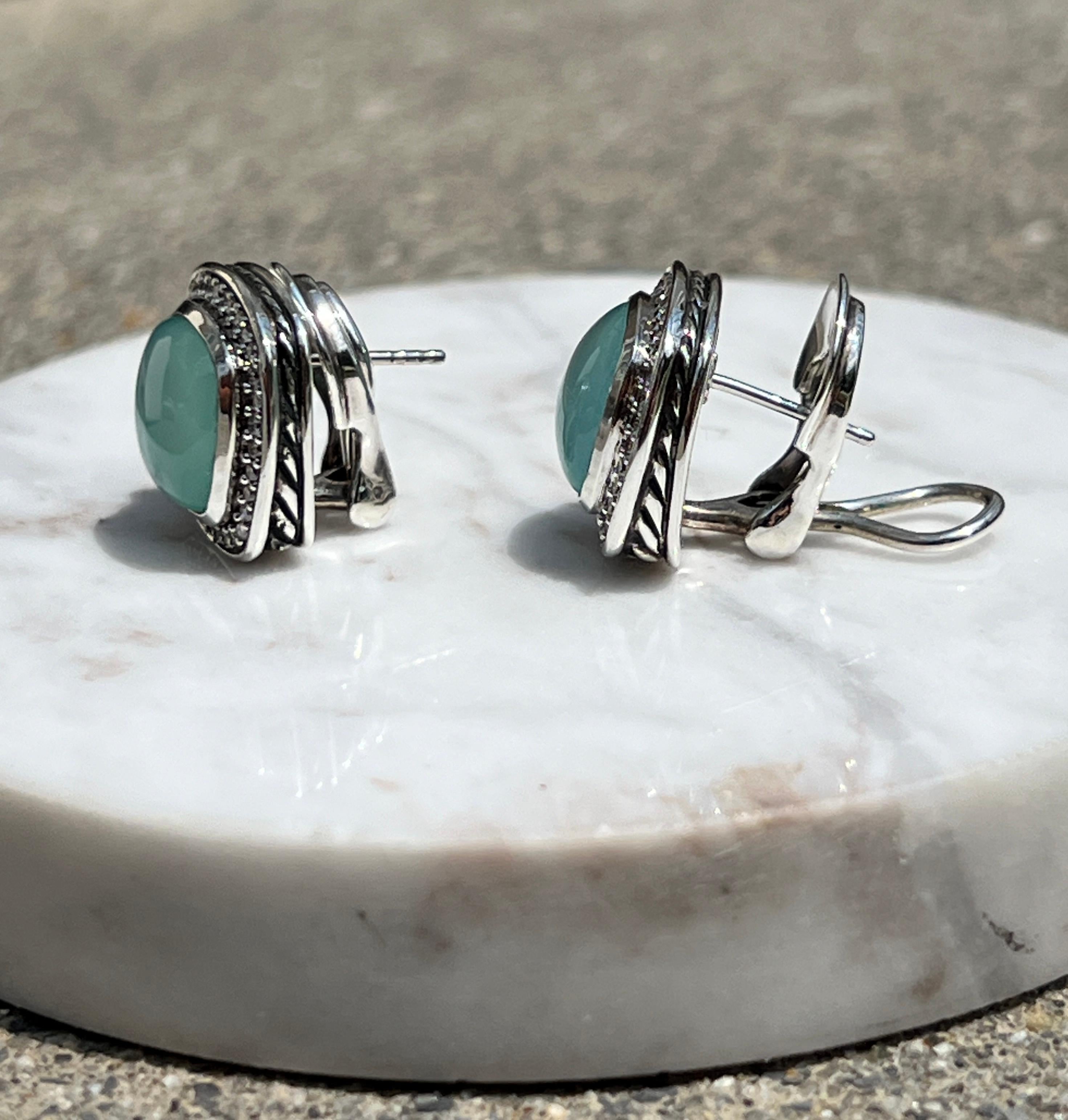 Sterling Silver David Yurman Blue Chrysocolla-in-Chalcedony and Diamond Earrings 3