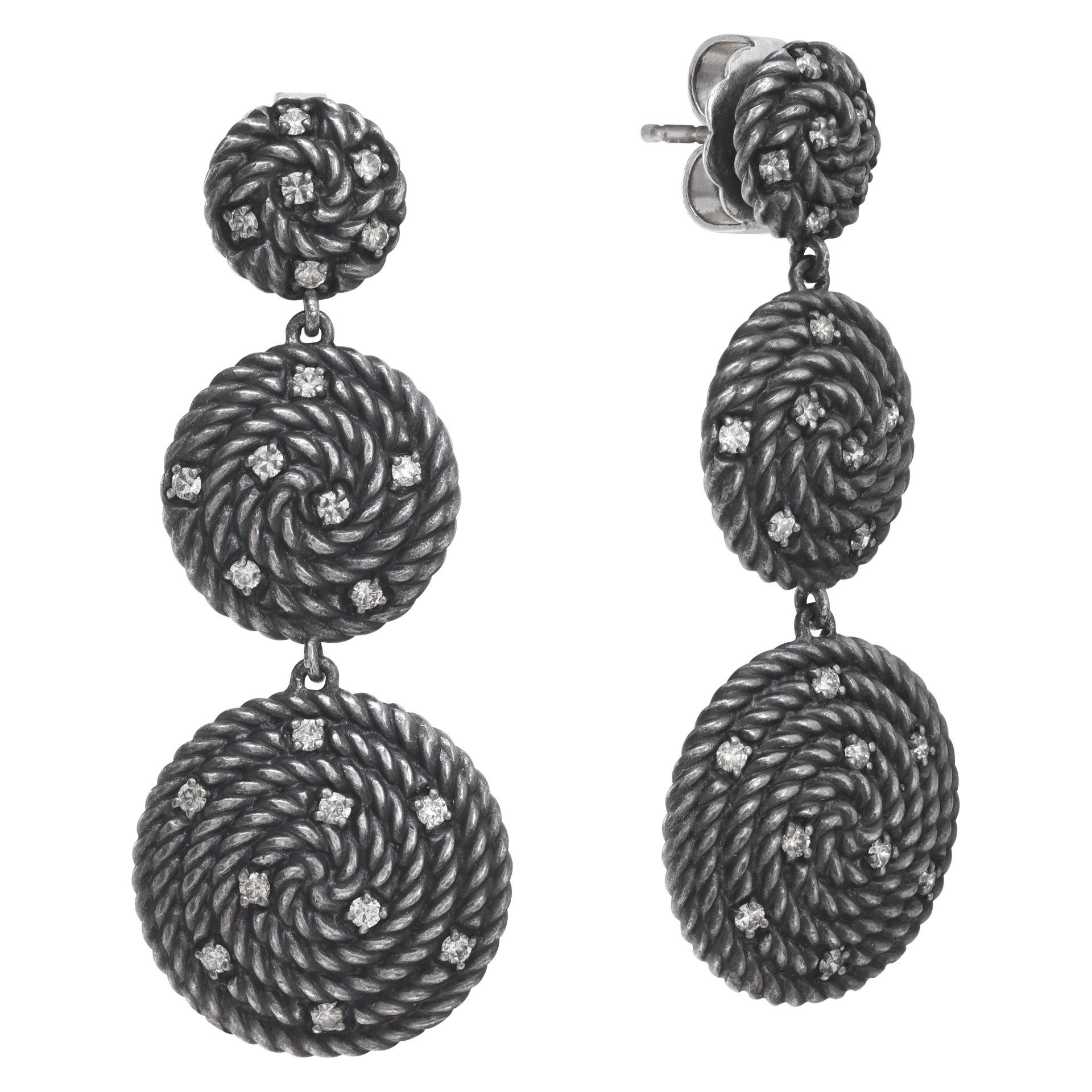 David Yurman Cable Coil triple drop earrings in sterling silver with diamonds. 1.75