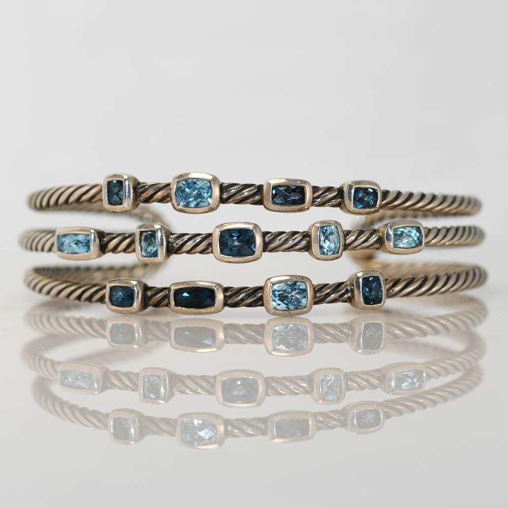 Cushion Cut Sterling Silver David Yurman Topaz Cable Confetti Bracelet, 32g