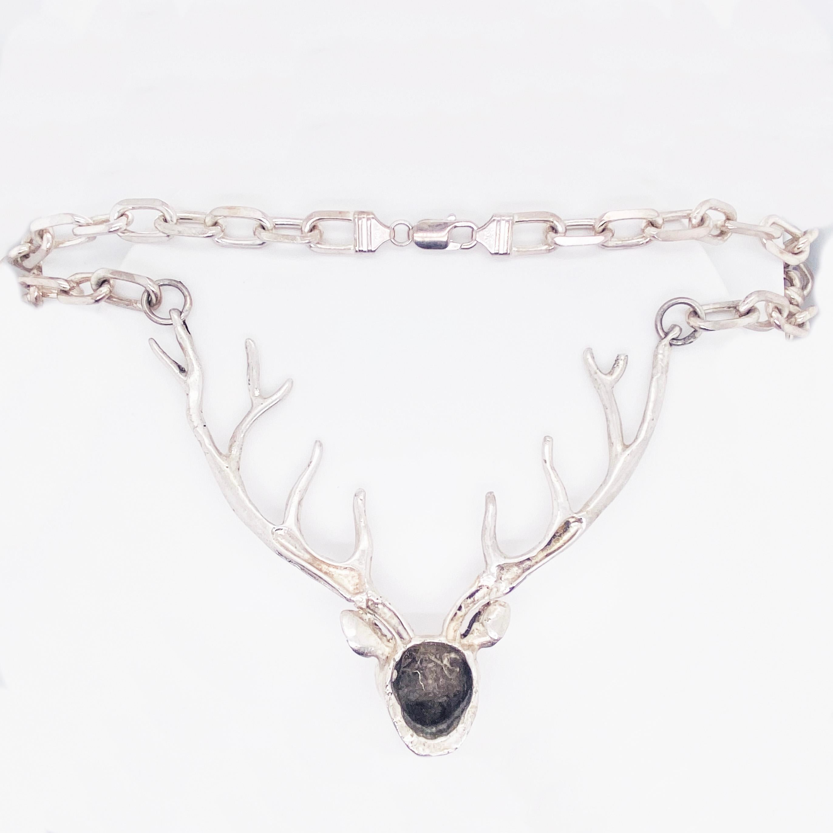 Anglo-Indian Deer Antler Necklace, Large Antler Deer Solid Sterling Silver w Heavy Chain For Sale