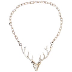 Sterling Silver Deer Necklace, Large Antler Deer Fashion Necklace Heavy Chain