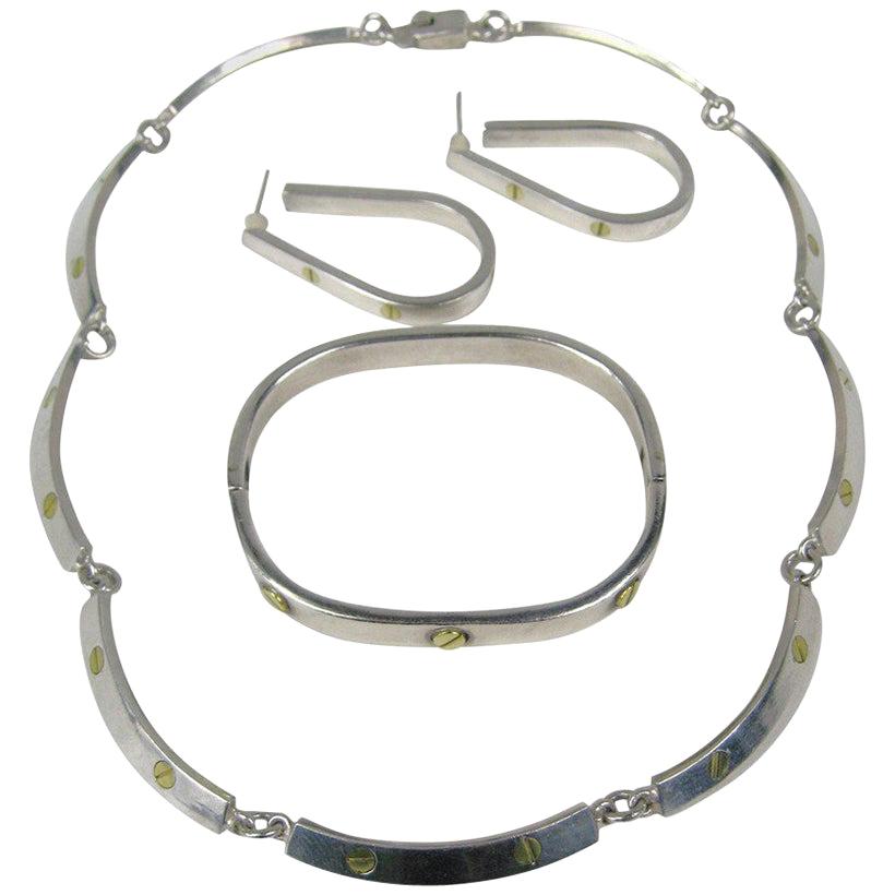  Bracelet, boucles d'oreilles et collier en argent DEMI-PARURE des années 1970, Mexique 