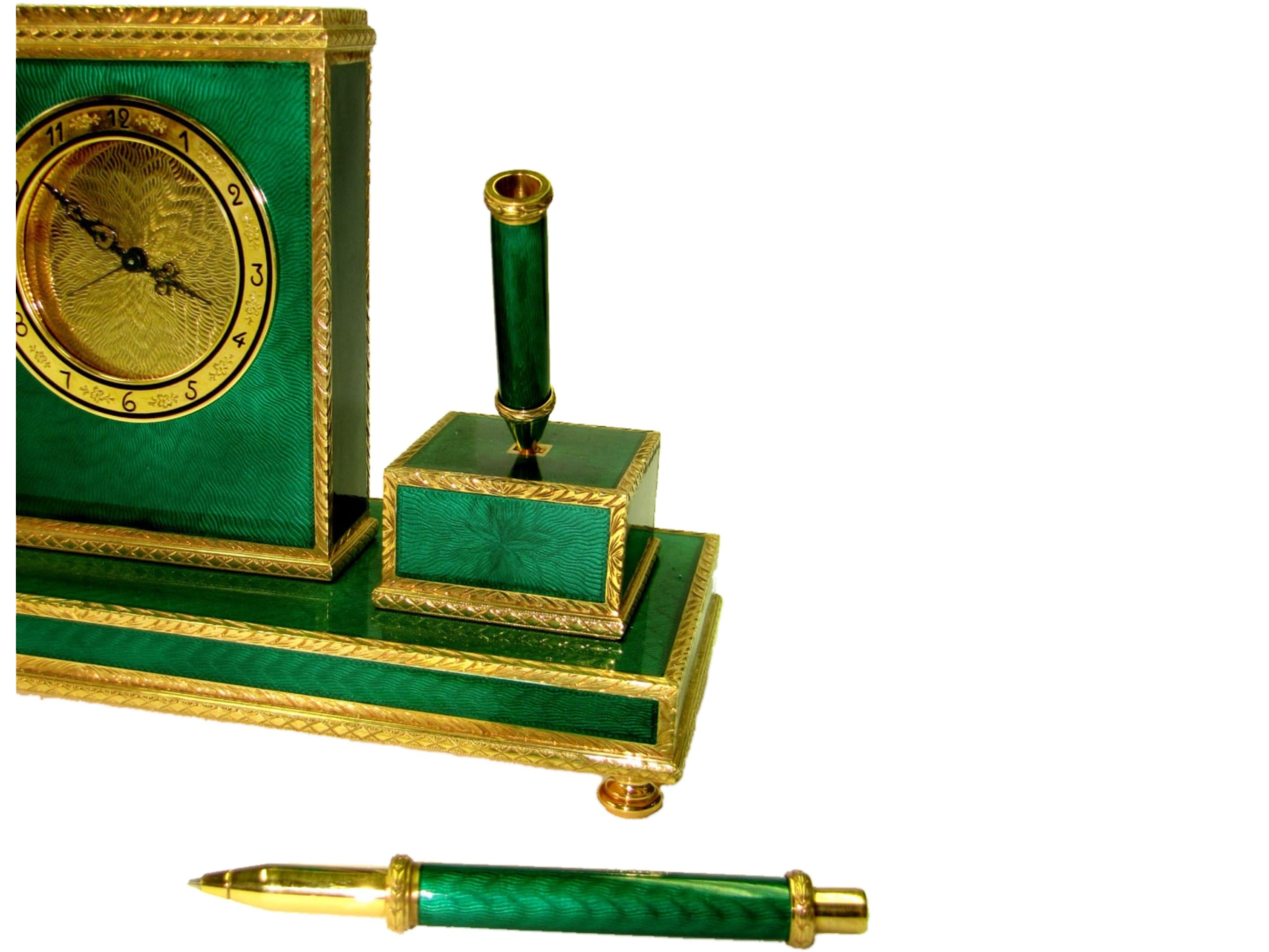 Hand-Carved Sterling Silver Desk Centerpiece Gold Plated with Fire Enamels on Guilloche' Sal