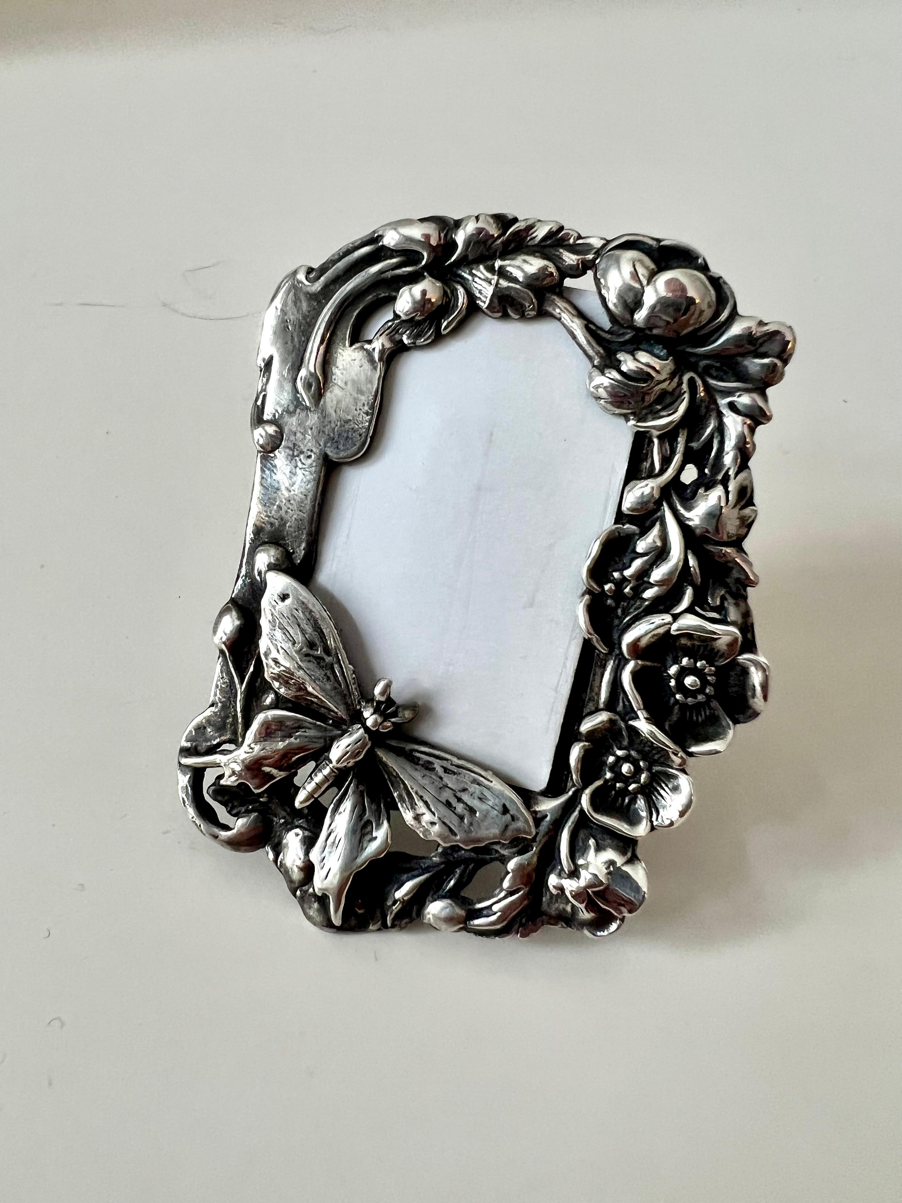 Victorian Sterling Silver Desk or Bedside Travel Picture Frame with Flowers and Butterfly For Sale
