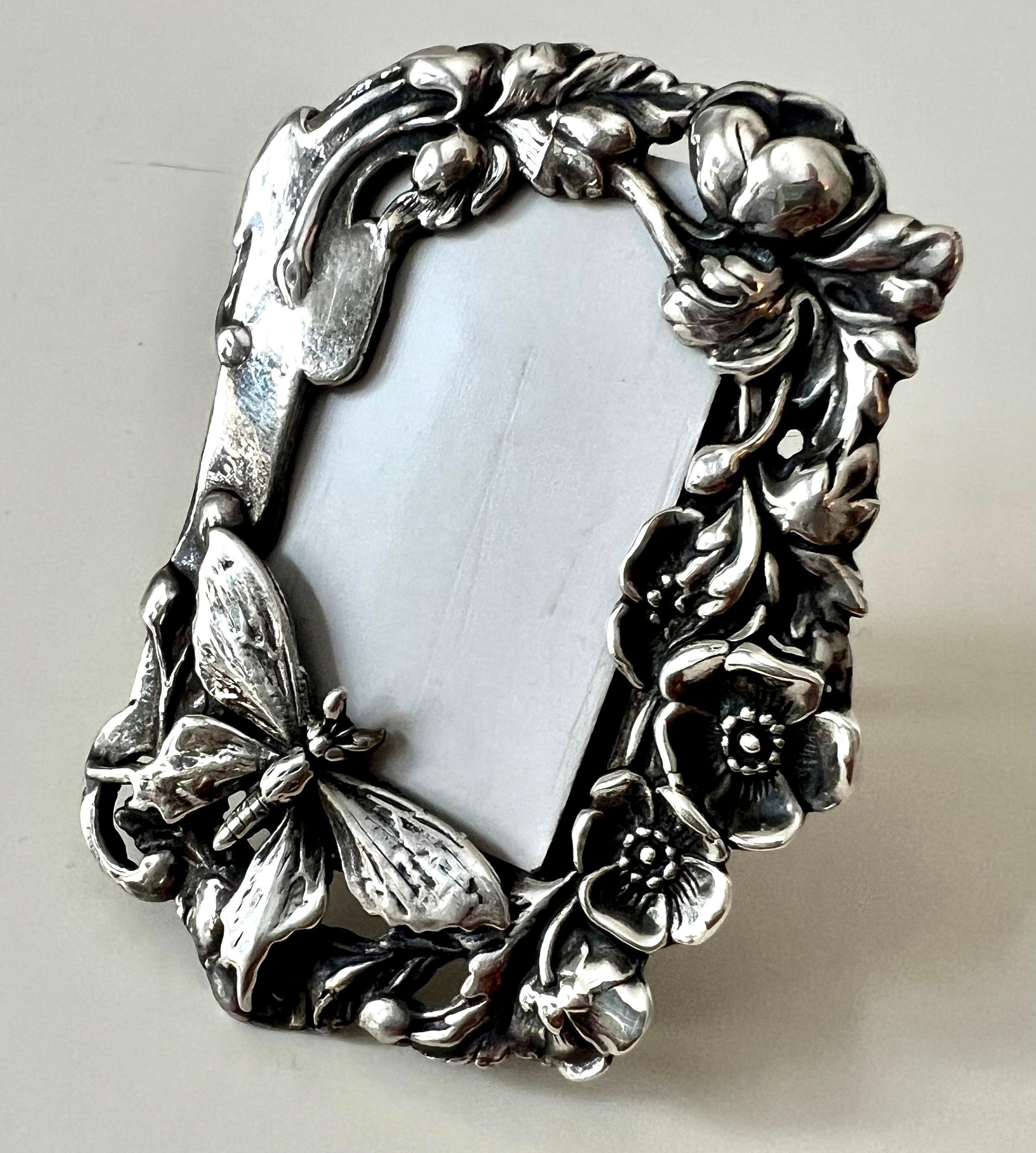 Hand-Crafted Sterling Silver Desk or Bedside Travel Picture Frame with Flowers and Butterfly For Sale