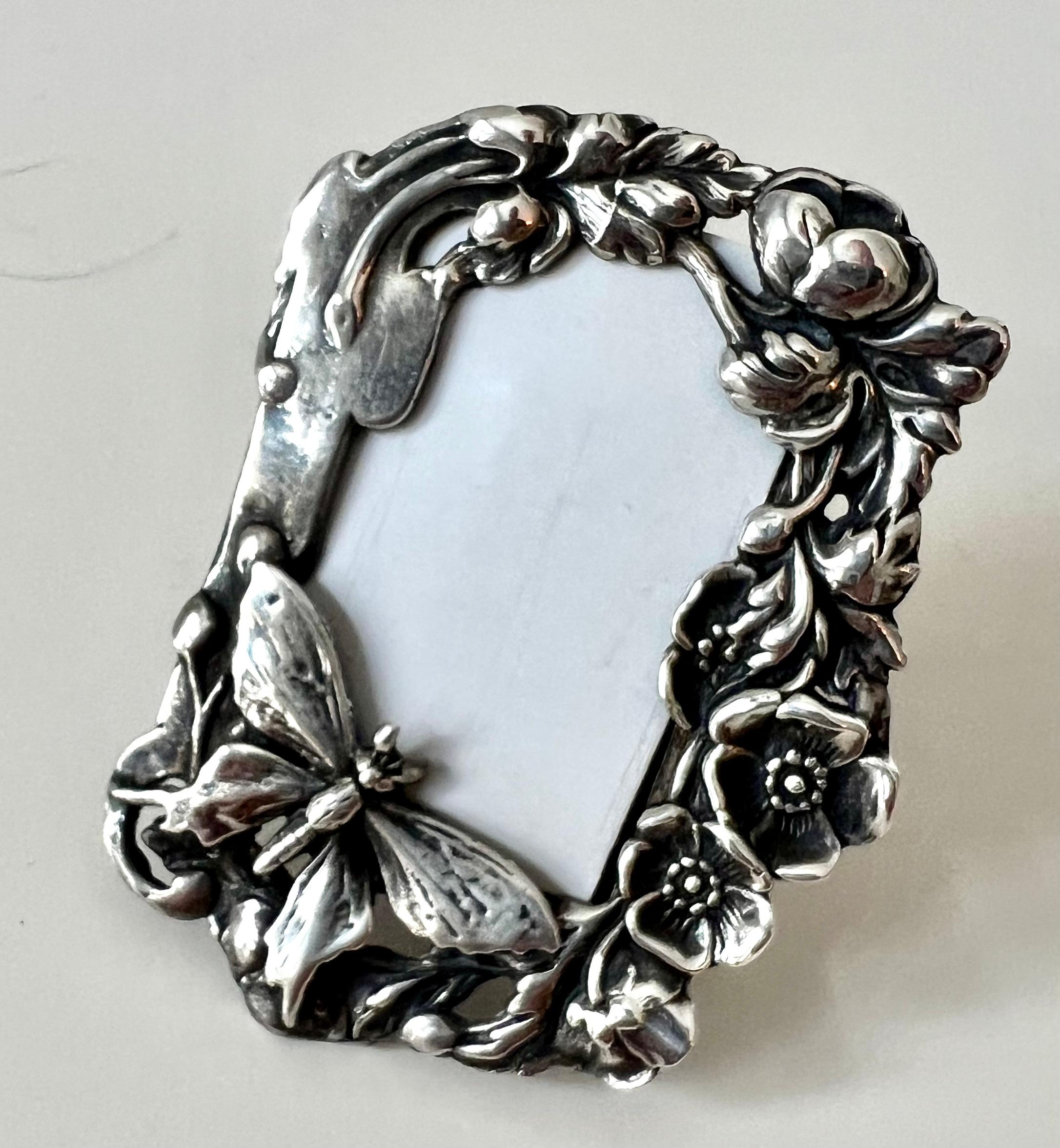 Sterling Silver Desk or Bedside Travel Picture Frame with Flowers and Butterfly For Sale 1