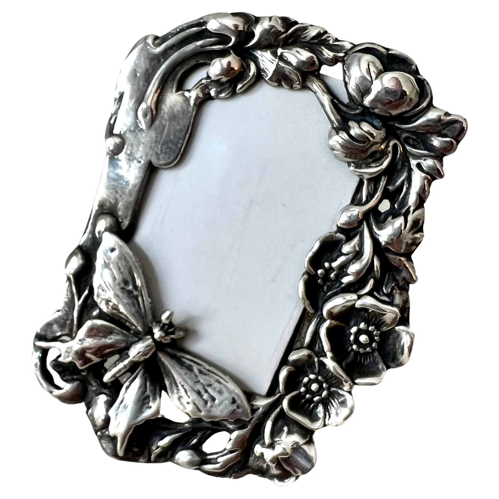 Sterling Silver Desk or Bedside Travel Picture Frame with Flowers and Butterfly For Sale