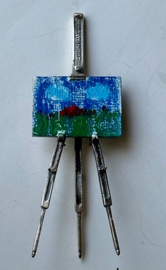 Sterling silver desk / table ornament , Easel with abstract painting miniature.