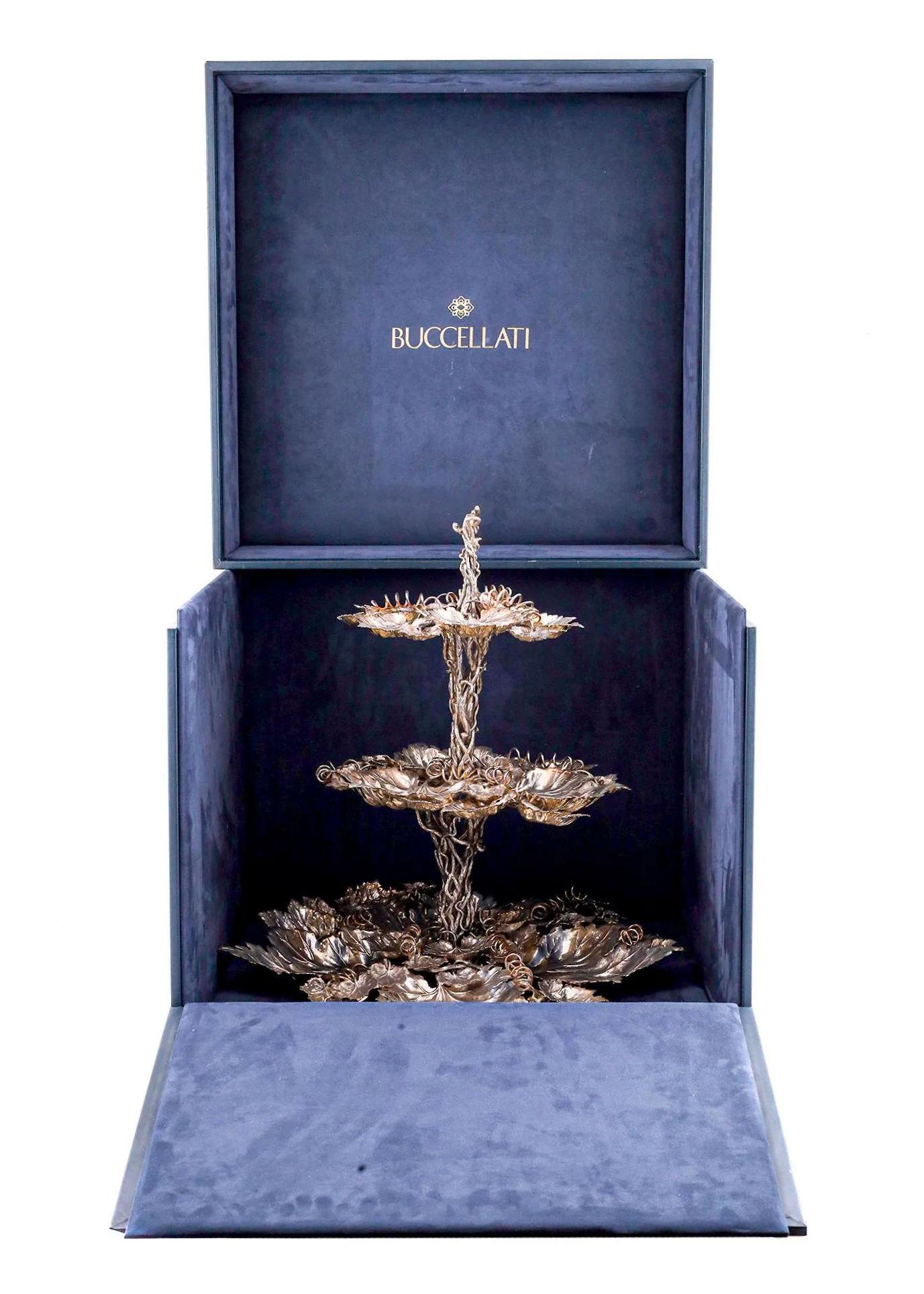 Our vintage centerpiece in sterling silver from Buccellati is composed of three tiers of elaborate grapevines. Marked Buccellati, Italy, Sterling 925, and 763-MI for Mabuti S.r.l. The mark dates the piece from after 1968, and we believe it dates