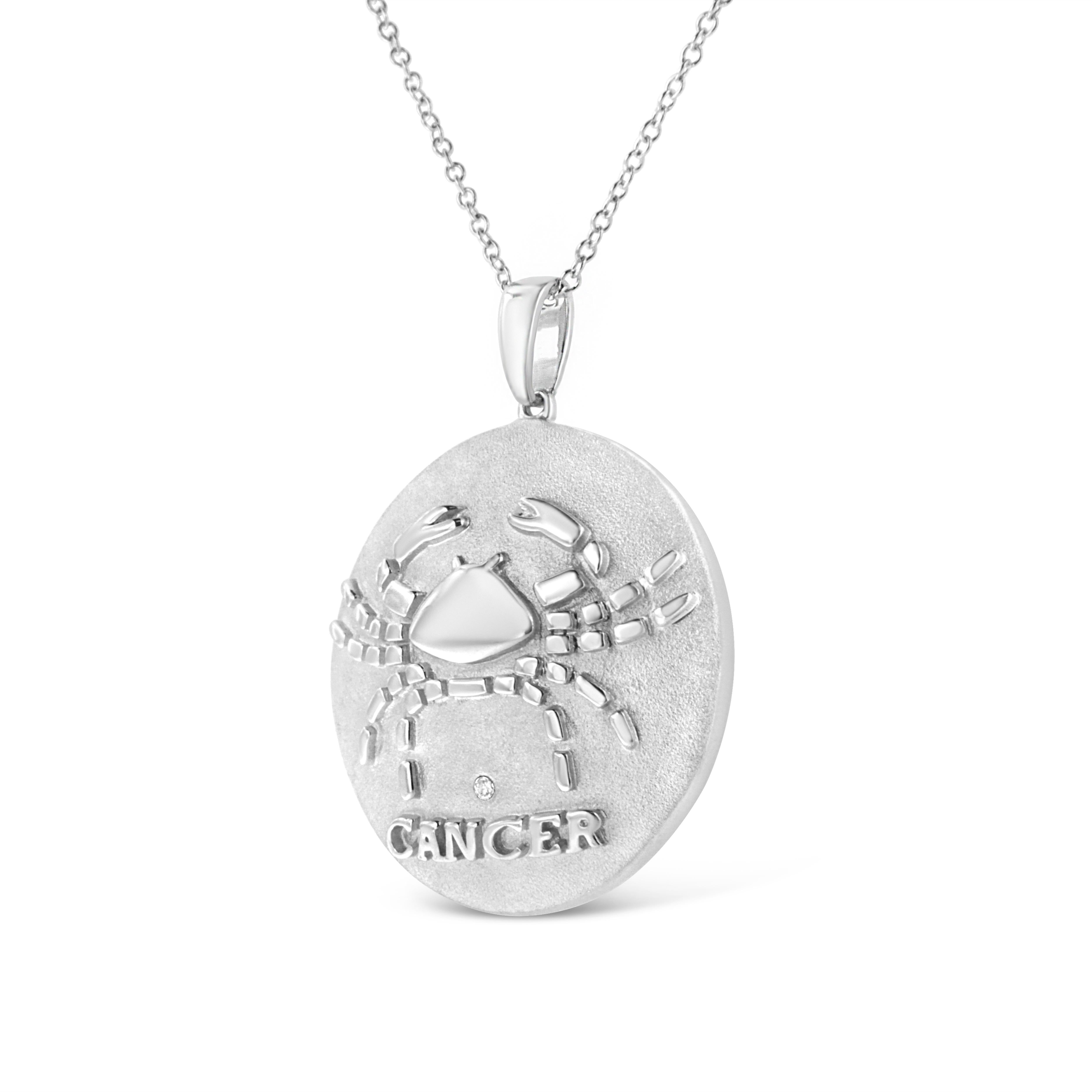 Modern Sterling Silver Diamond Accent Cancer Zodiac Design Pendant Necklace Medallion For Sale