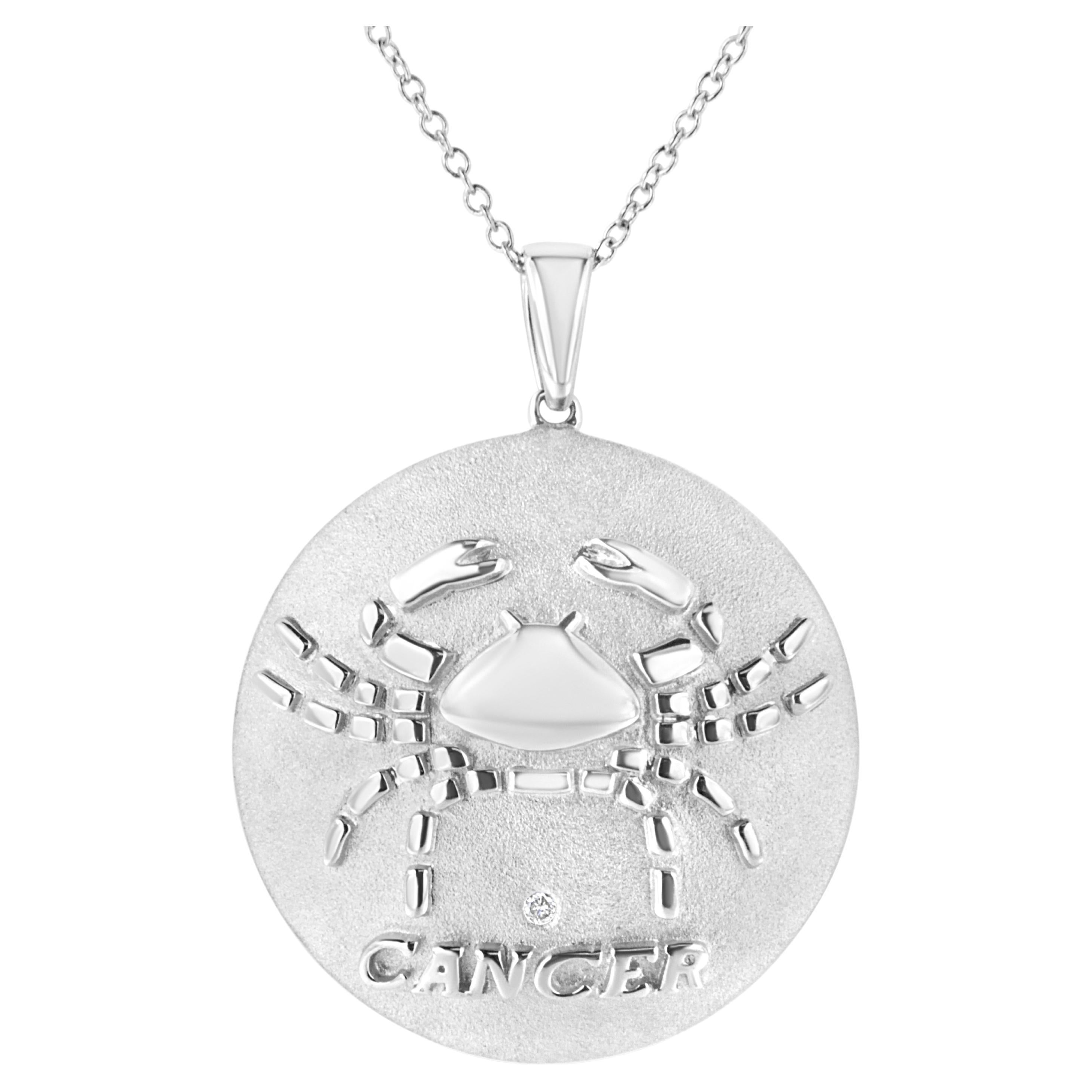 Sterling Silver Diamond Accent Cancer Zodiac Design Pendant Necklace Medallion For Sale