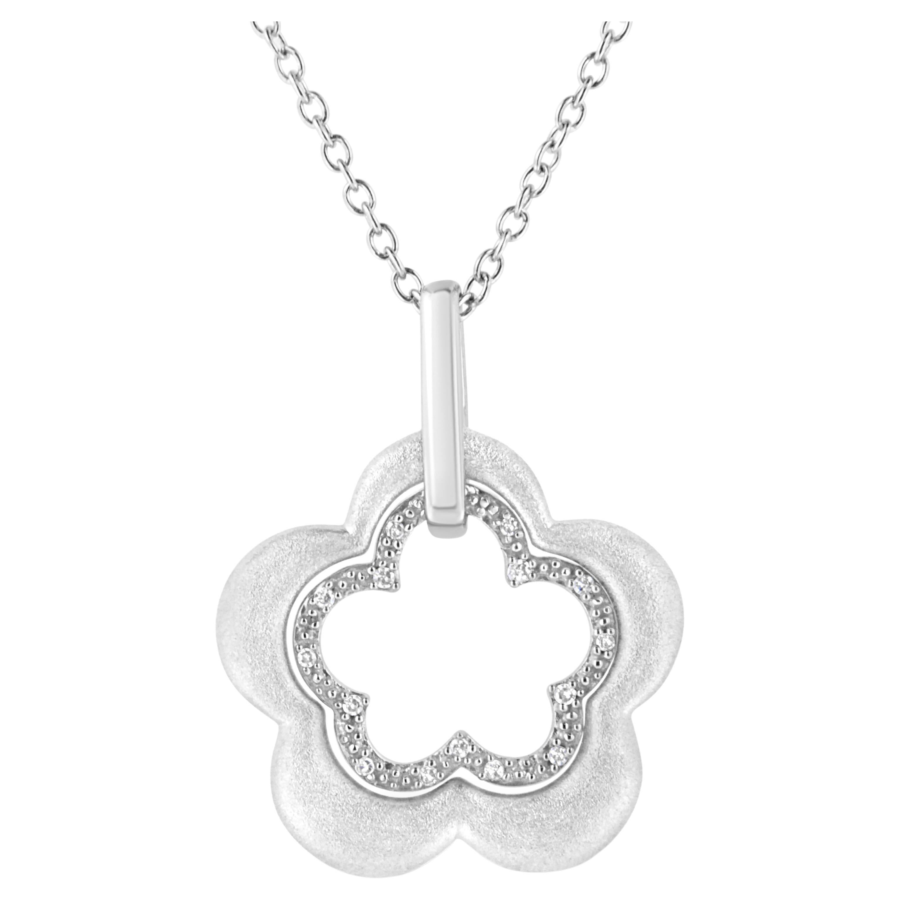 Sterling Silver Diamond Accent Double Flower Shape Satin Finish Pendant Necklace For Sale