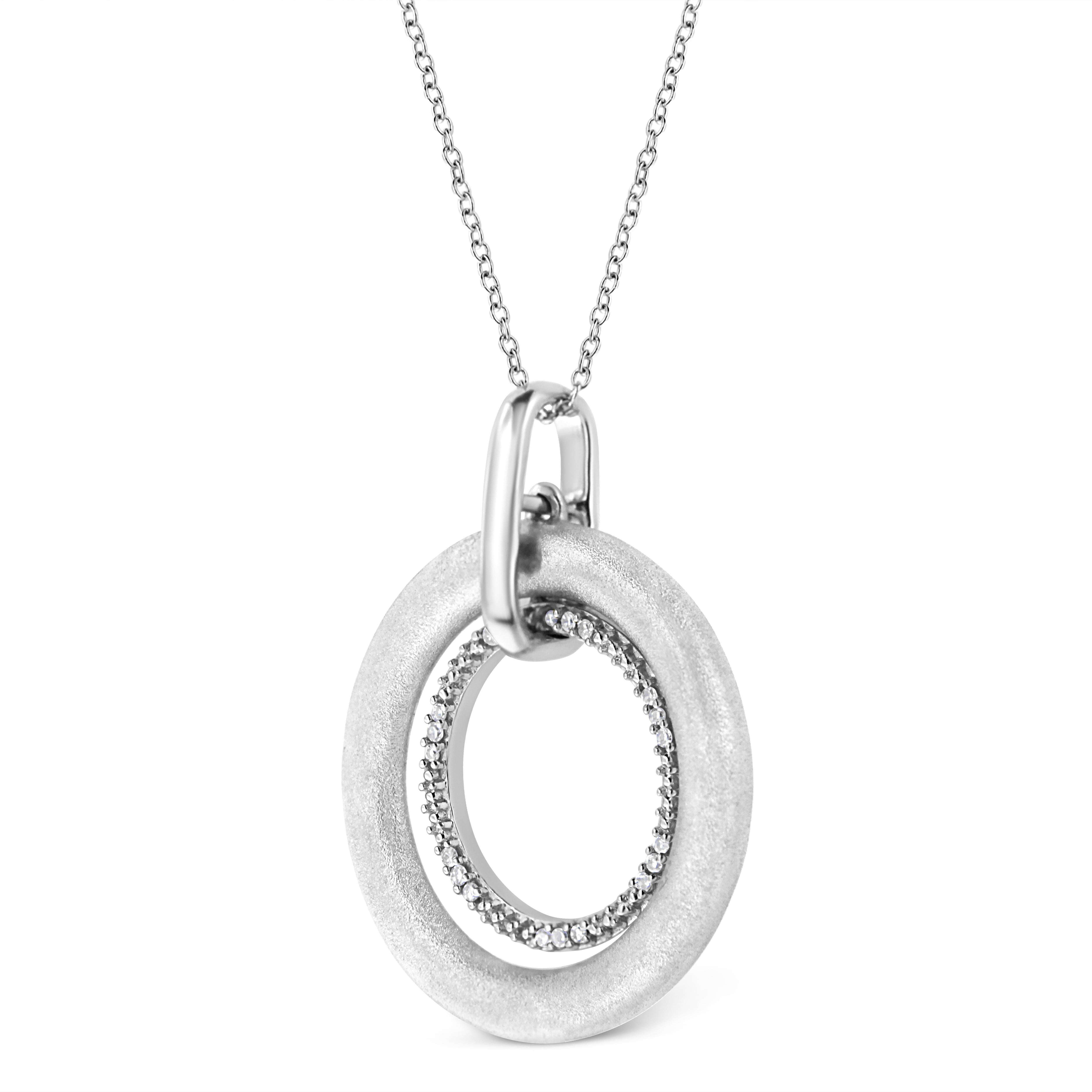 Modern Sterling Silver Diamond Accent Satin Finished Double Circle Pendant Necklace For Sale