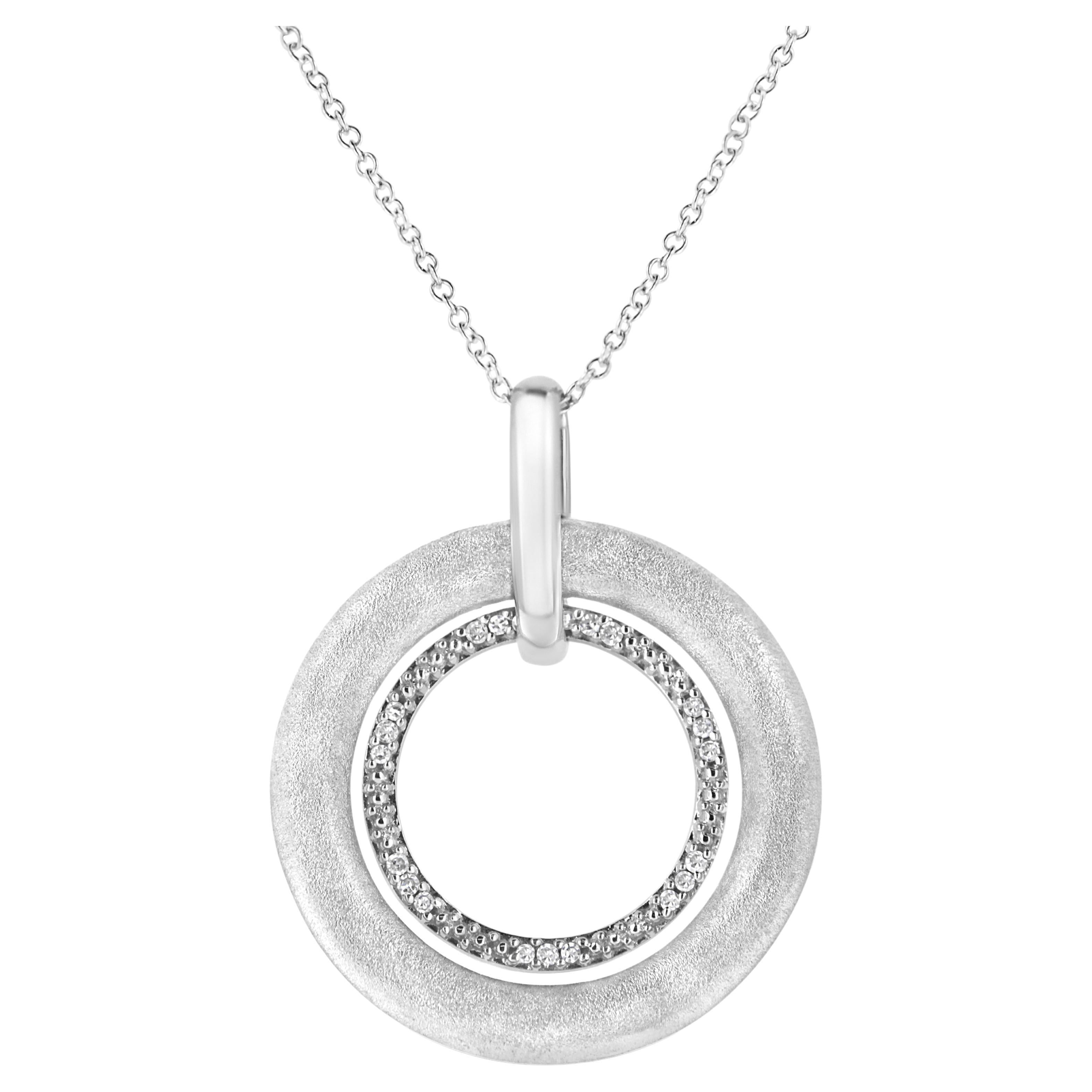 Sterling Silver Diamond Accent Satin Finished Double Circle Pendant Necklace For Sale