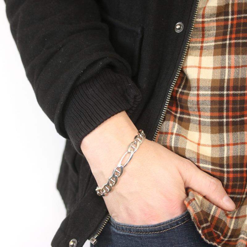Sterling Silver Diamond Cut Figaro Chain Men's Bracelet 8 1/2