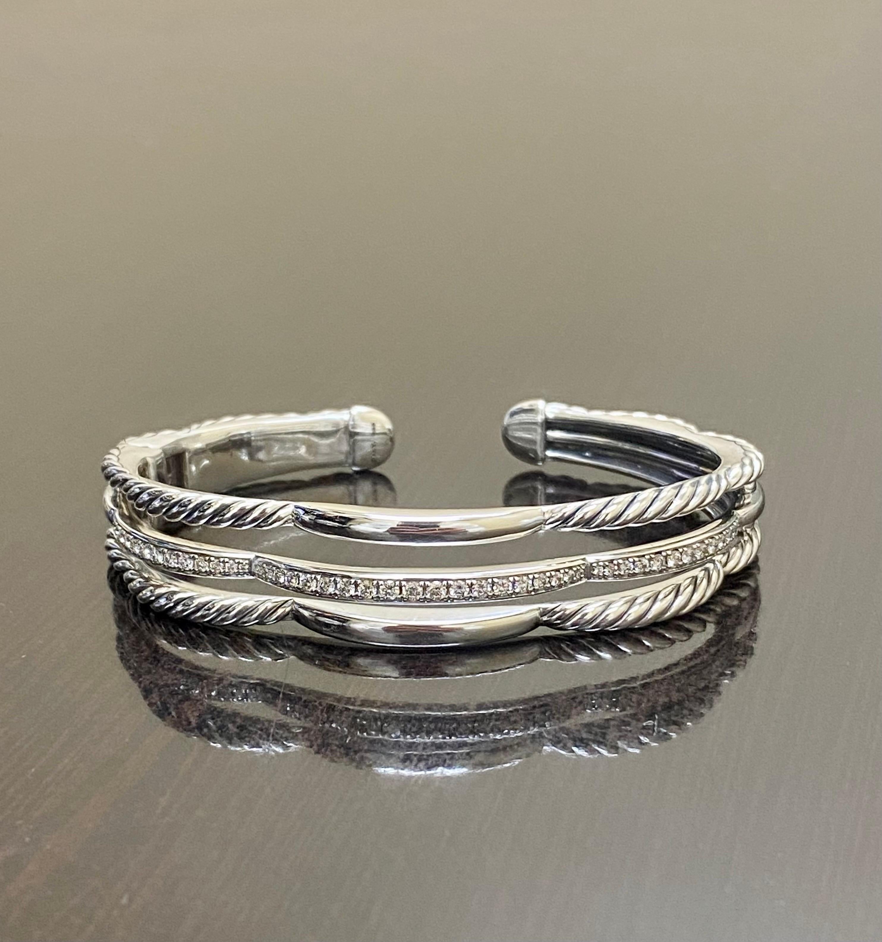 Sterling Silver Diamond David Yurman Tides Three Row Cuff Bracelet For Sale 3