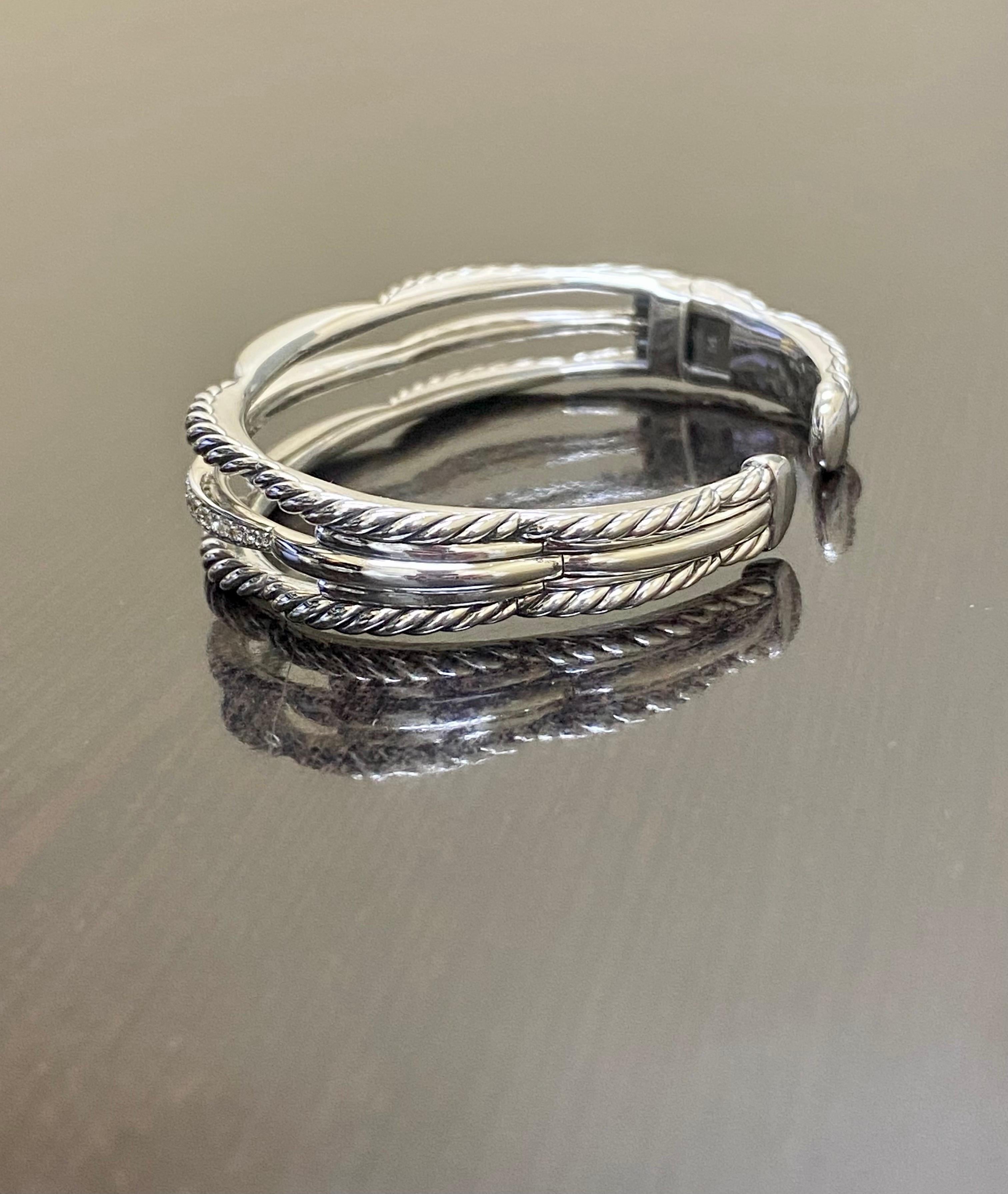 Round Cut Sterling Silver Diamond David Yurman Tides Three Row Cuff Bracelet For Sale
