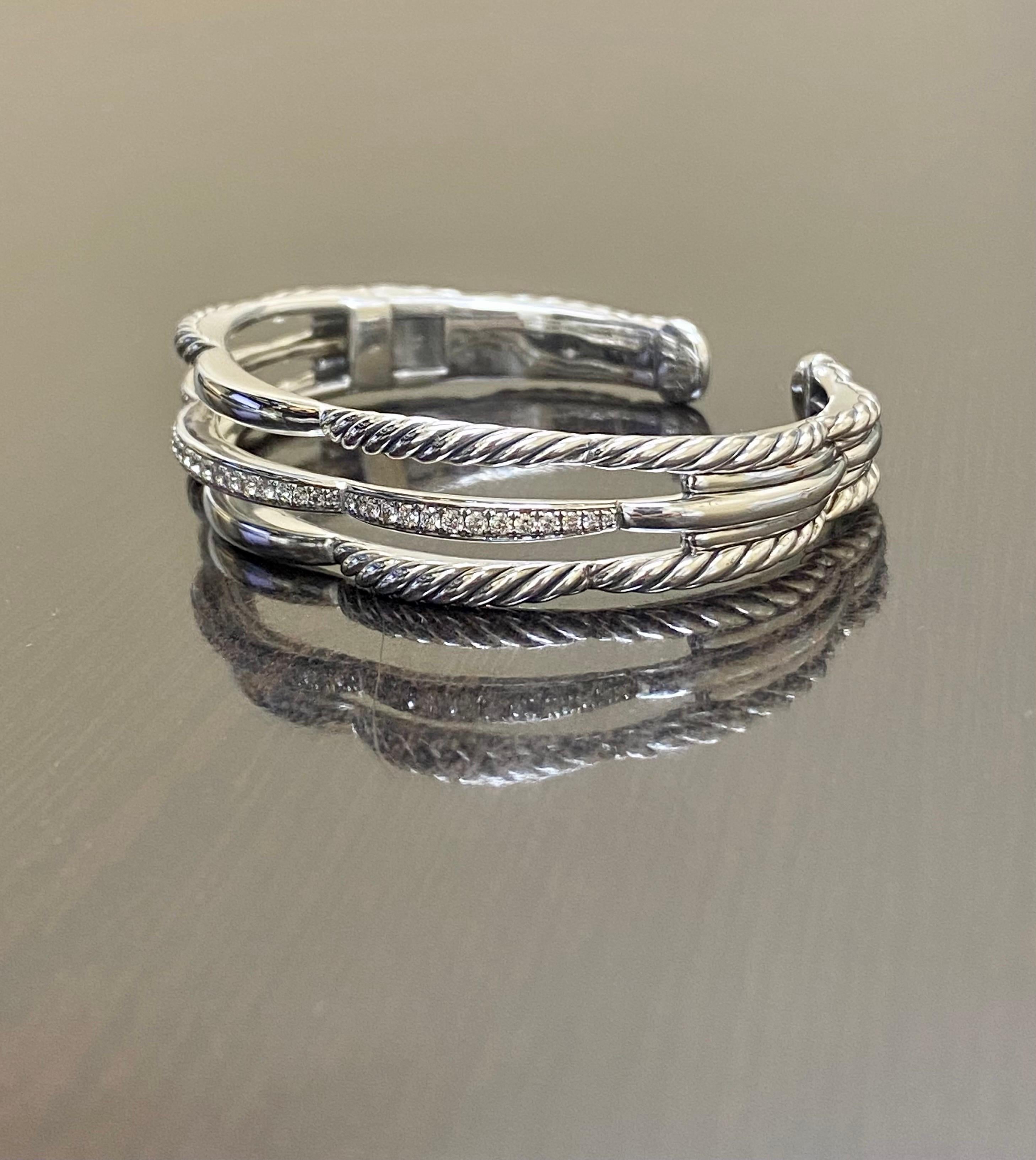 Sterling Silver Diamond David Yurman Tides Three Row Cuff Bracelet In Excellent Condition For Sale In Los Angeles, CA