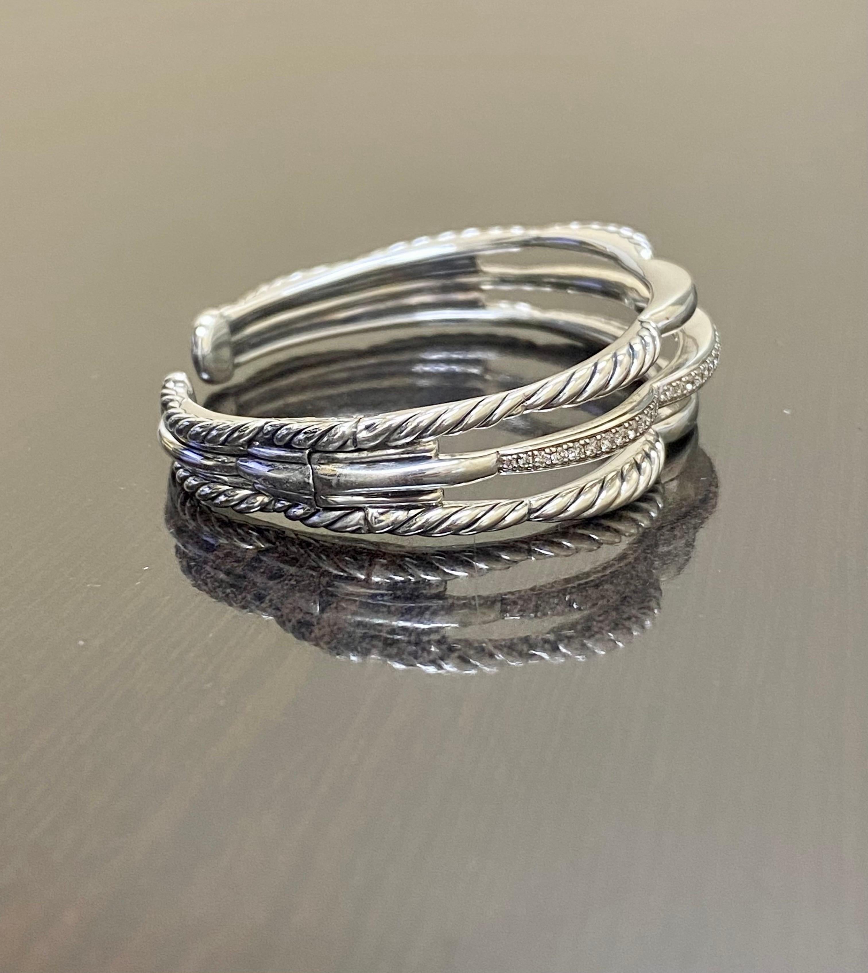 Women's or Men's Sterling Silver Diamond David Yurman Tides Three Row Cuff Bracelet For Sale