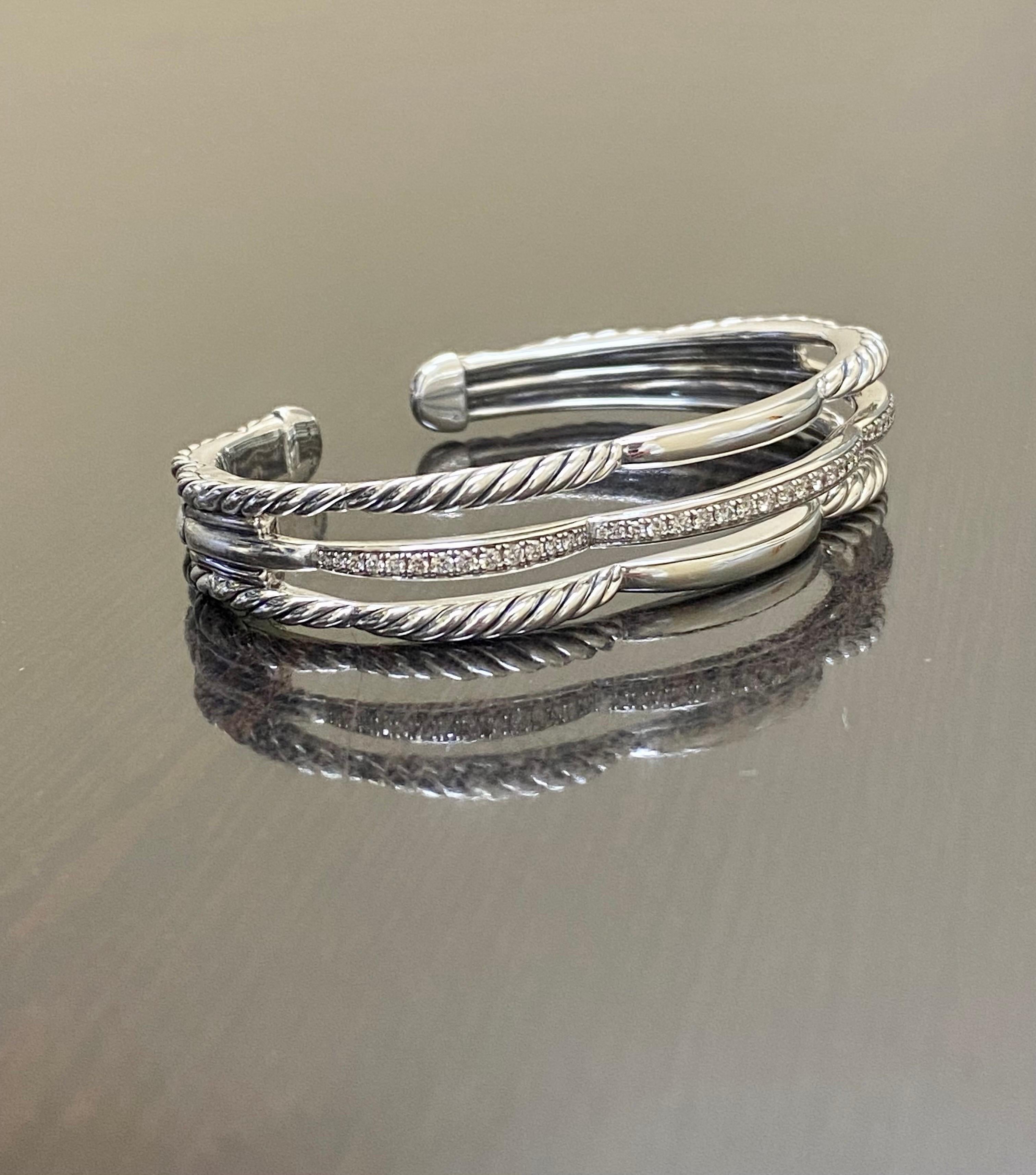 Sterling Silver Diamond David Yurman Tides Three Row Cuff Bracelet For Sale 1