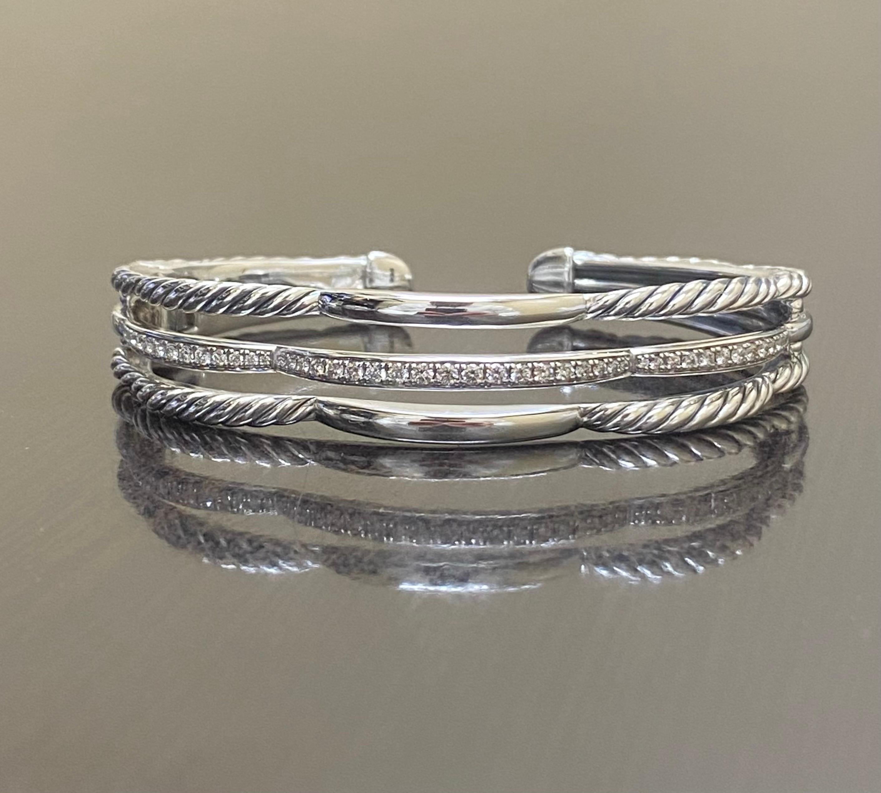 Sterling Silver Diamond David Yurman Tides Three Row Cuff Bracelet For Sale 2