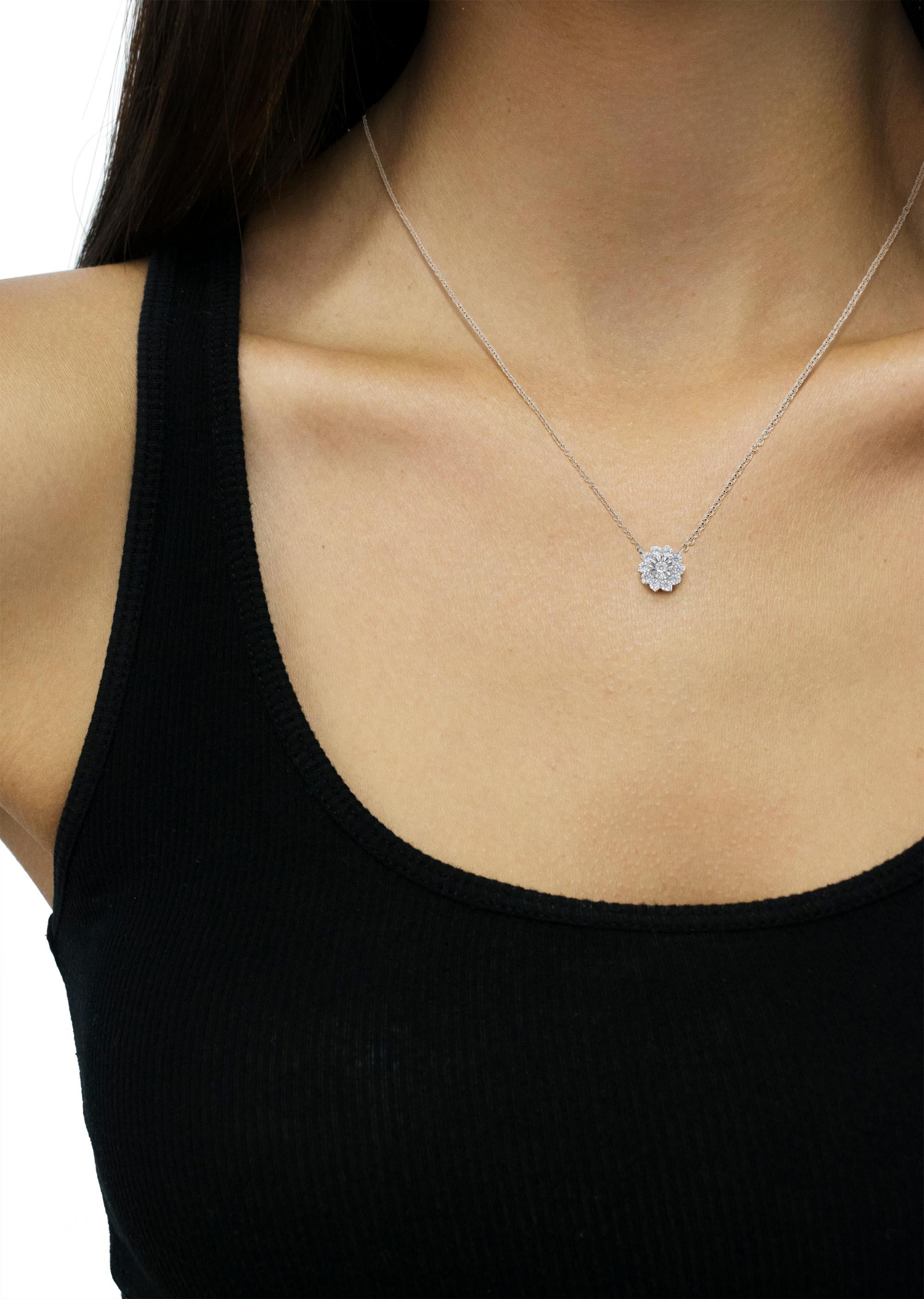 Round Cut Sterling Silver 1/2 Carat Diamond Flower Cluster Pendant Necklace For Sale