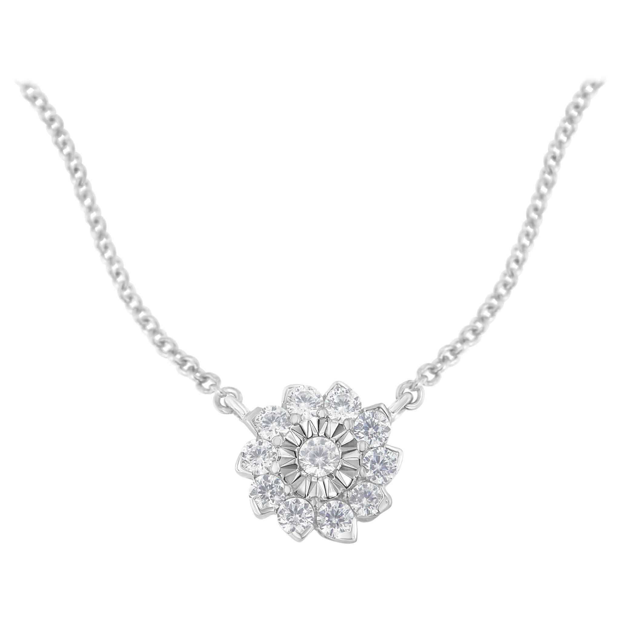 Sterling Silver 1/2 Carat Diamond Flower Cluster Pendant Necklace For Sale