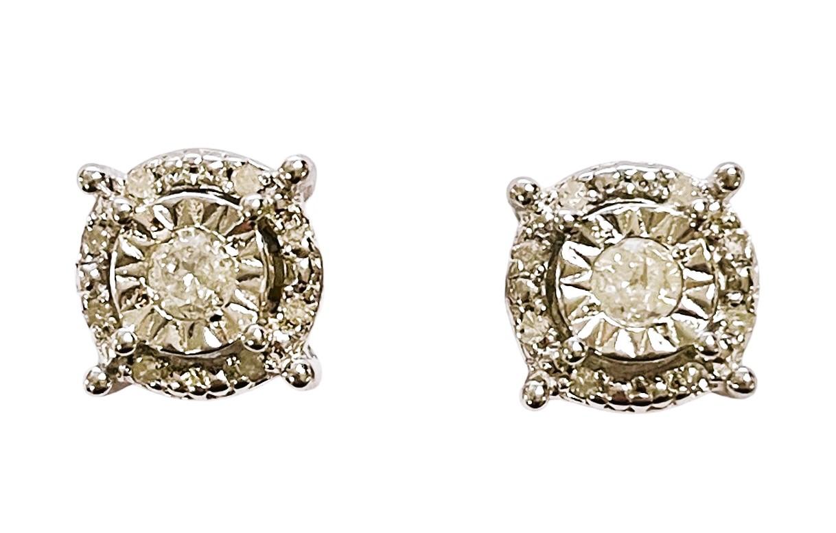 Round Cut Sterling Silver Diamond Halo Post Earrings For Sale