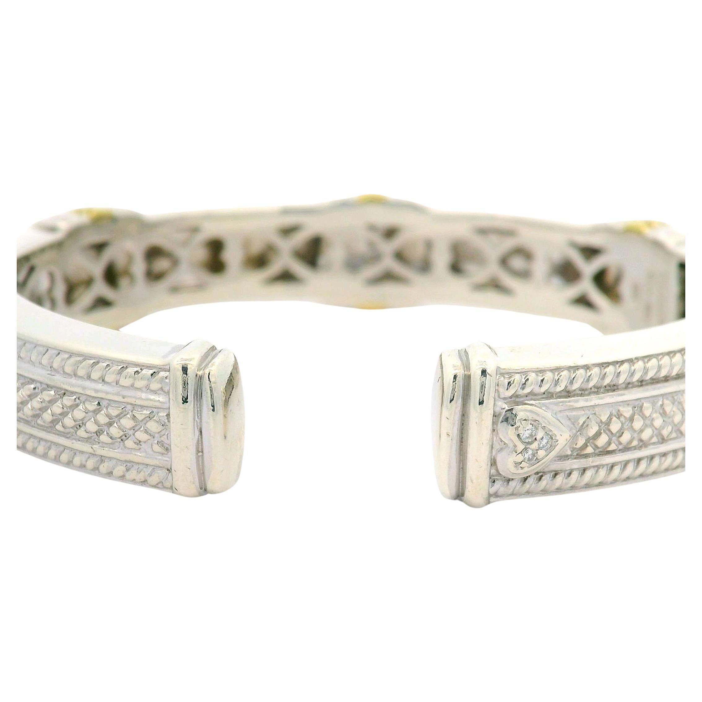 –Stone(s)–
(4) Natural Genuine Diamonds - Round Brilliant Cut - Pave Set - VS1/VS2 Clarity - G/H Color - 0.12ctw (approx.)

Material: Sterling Silver .925 - 18k Yellow Gold
Weight: 43.5 Grams
Type: Hinged Open Cuff Bangle Bracelet
Length: Will
