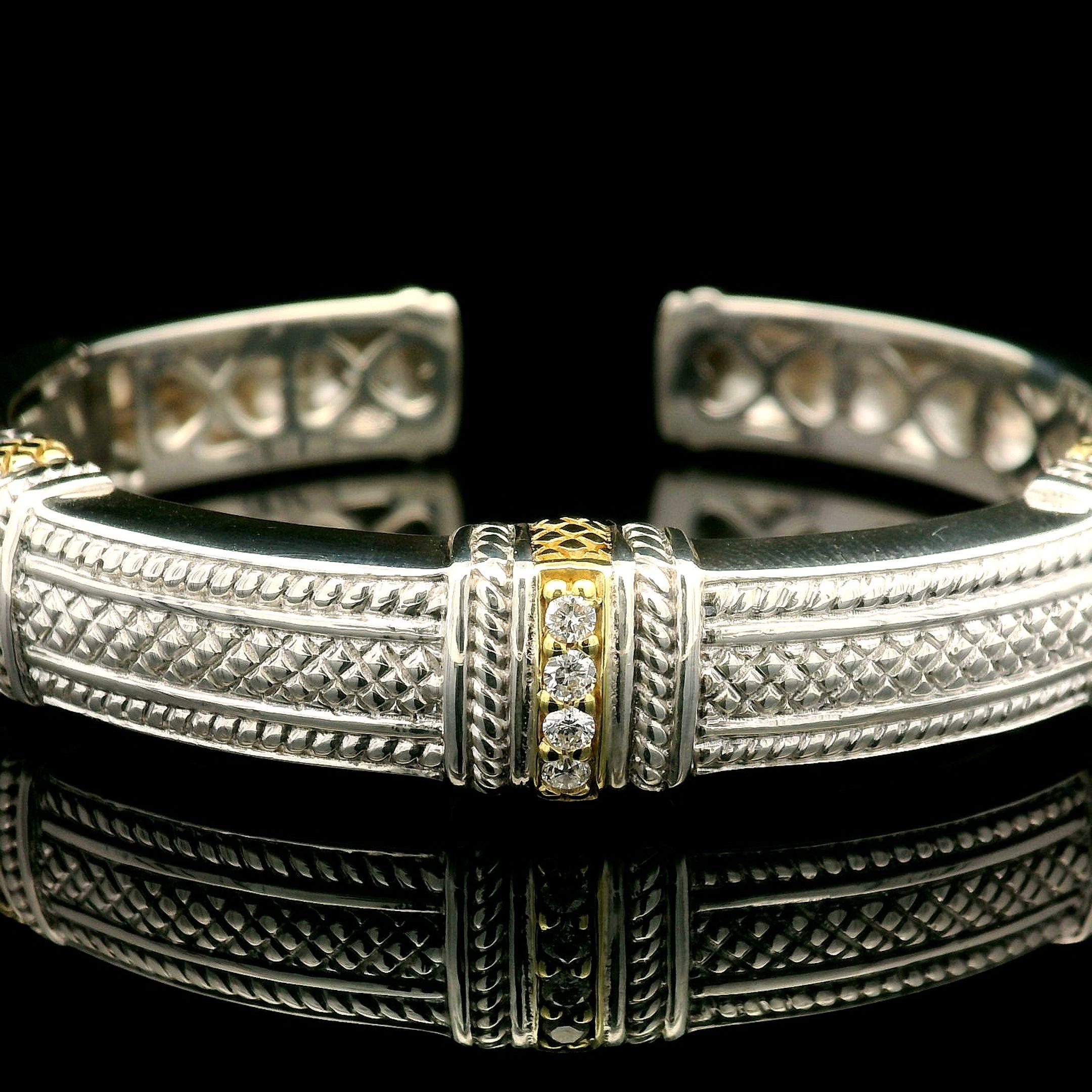 Round Cut Sterling Silver Diamond Judith Ripka Twisted Rope Design Cuff Bangle Bracelet For Sale