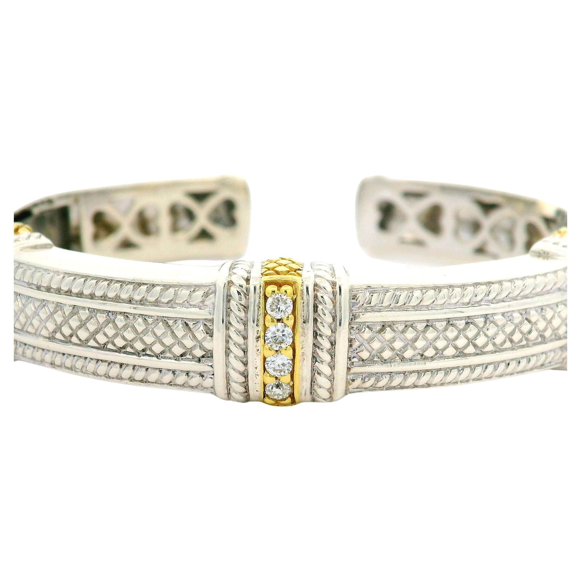 Sterling Silver Diamond Judith Ripka Twisted Rope Design Cuff Bangle Bracelet