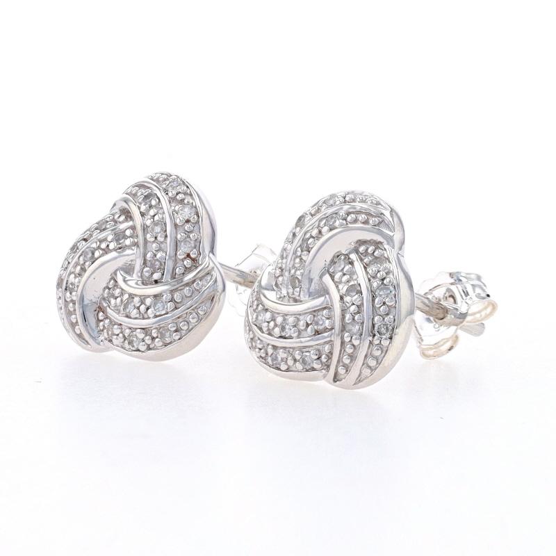 Sterling Silver Diamond Love Knot Stud Earrings - 925 Single Cut .10ctw Pierced In Excellent Condition For Sale In Greensboro, NC