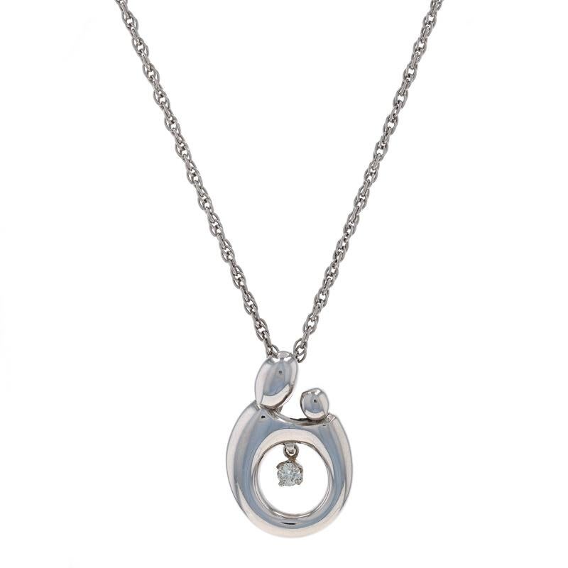 Metal Content: Sterling Silver

Stone Information
Natural Diamond
Carat(s): .05ct
Cut: Round Brilliant
Color: J
Clarity: I1

Chain Style: Prince of Wales
Necklace Style: Chain
Fastening Type: Lobster Claw Clasp
Theme: Mother & Child, Family