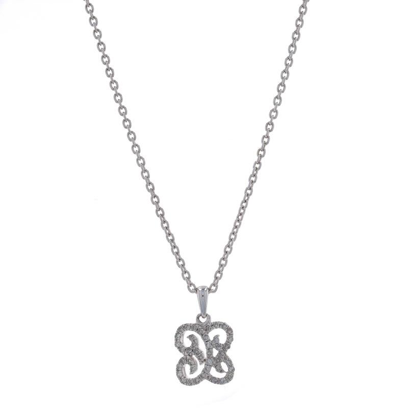 Metal Content: Sterling Silver

Stone Information
Natural Diamonds
Carat(s): .20ctw
Cut: Single

Total Carats: .20ctw

Chain Style: Cable
Necklace Style: Chain
Fastening Type: Lobster Claw Clasp
Theme: Scrollwork

Measurements

Item 1: Pendant
Tall