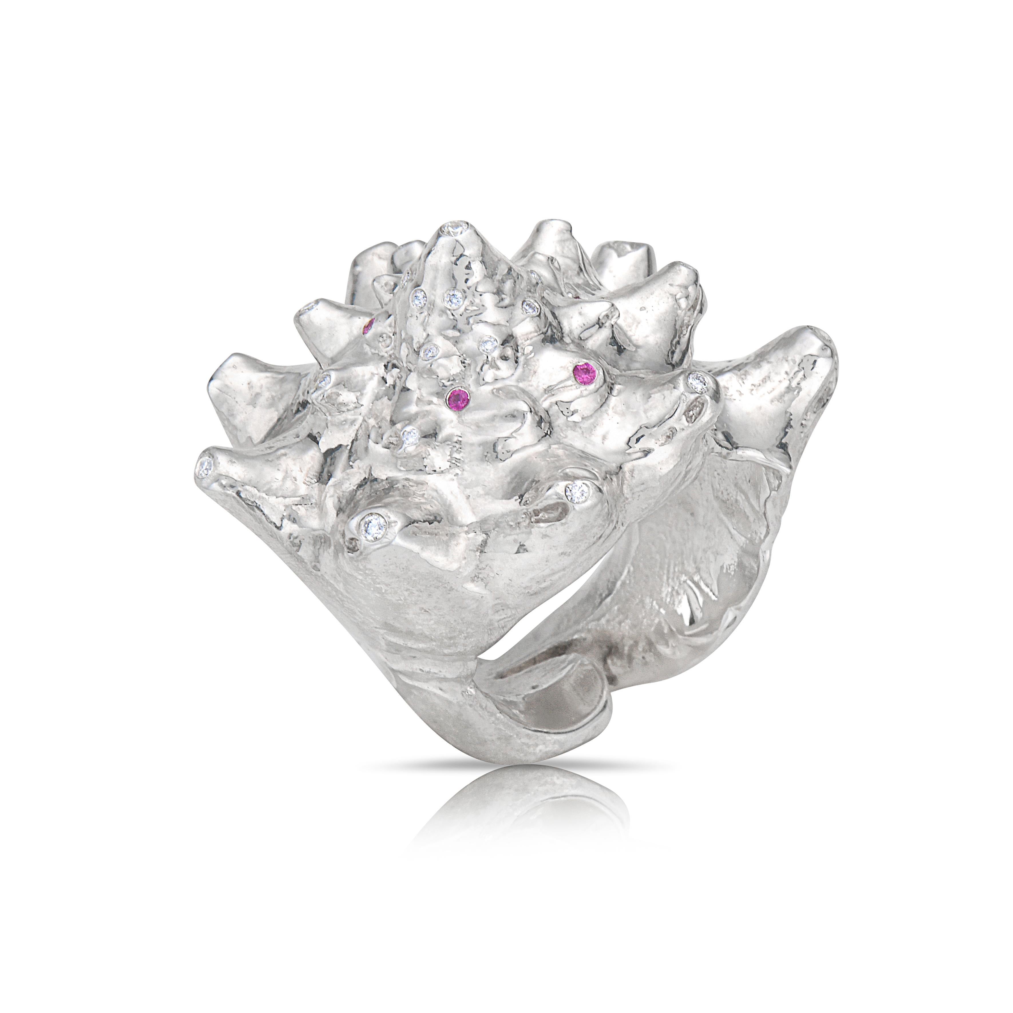 Sterling Silver Diamond Pink Sapphire Shell Ring. Cast from the organic shell straight from the ocean, this solid sterling silver nautical ring is a showstopping object of desire. Place it on your coffee table to showcase this gorgeous weighted book